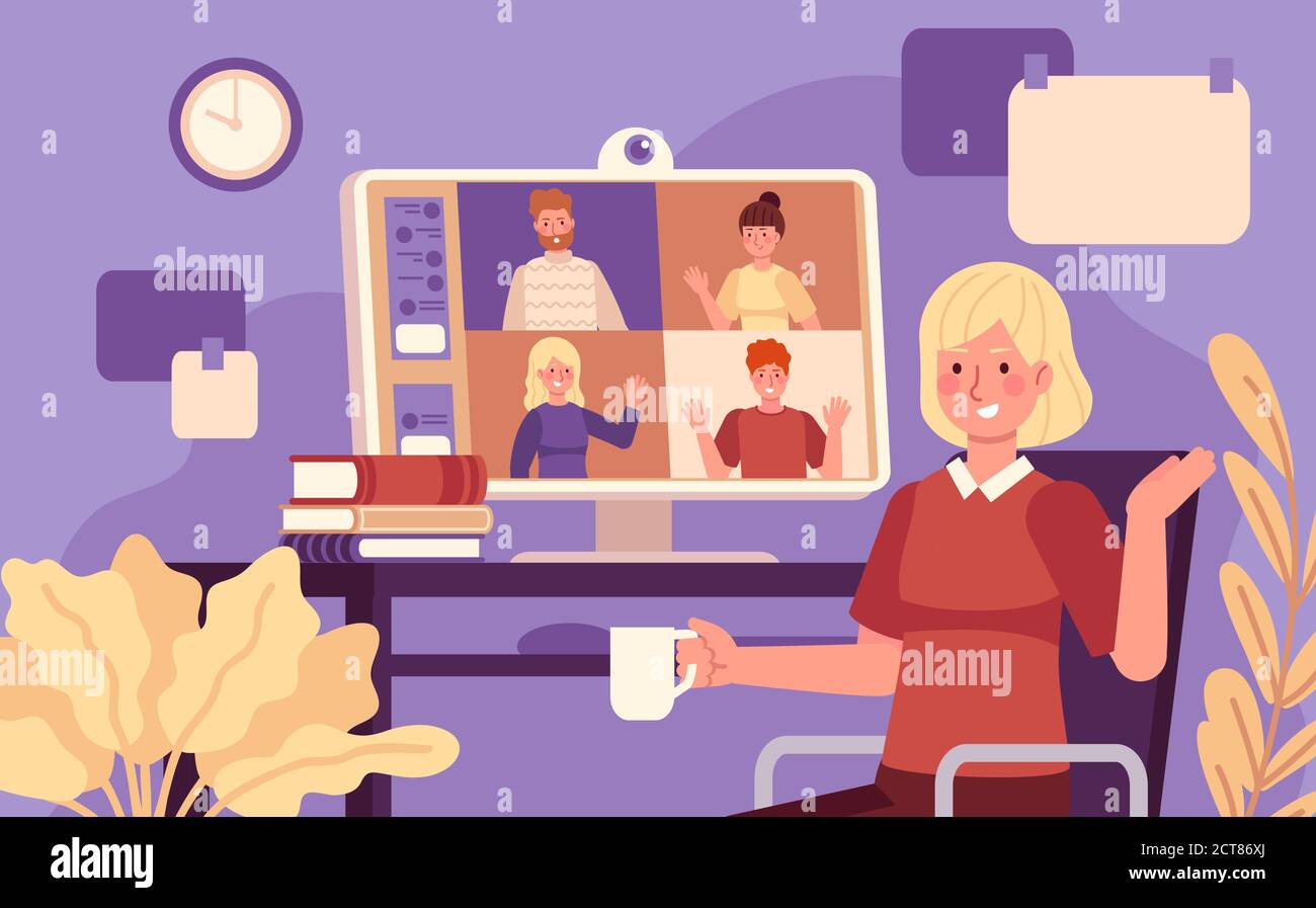 Réunion en ligne. Vidéo conférence femme réunion en ligne avec des collègues, travail à distance à l'aide d'un ordinateur, concept de vecteur de chat virtuel collectif. Rapport d'éclairage Illustration de Vecteur