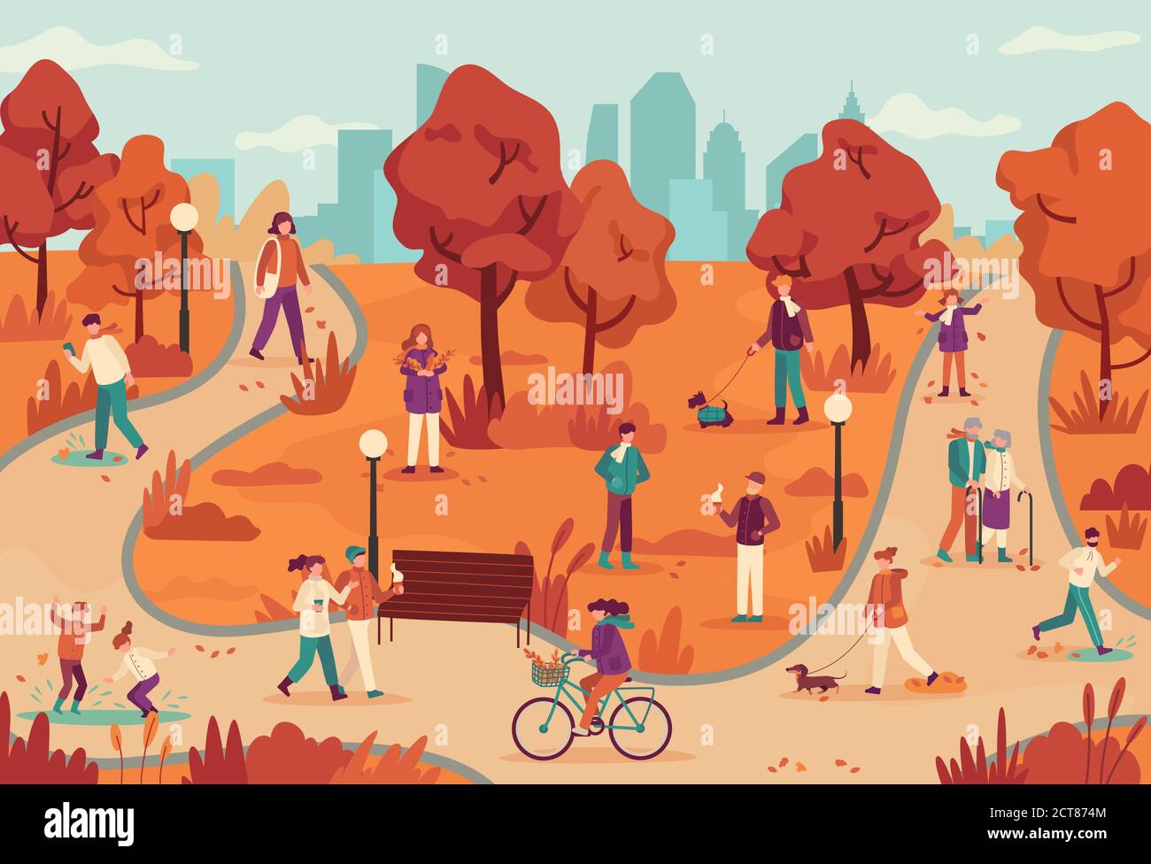 Personnes dans le parc d'automne. Femmes et hommes se détendent en plein air, parc de vélo, chien de marche, jogging, profiter de l'arrière-plan vectoriel de la saison d'automne. Saison des parcs d'automne W Illustration de Vecteur