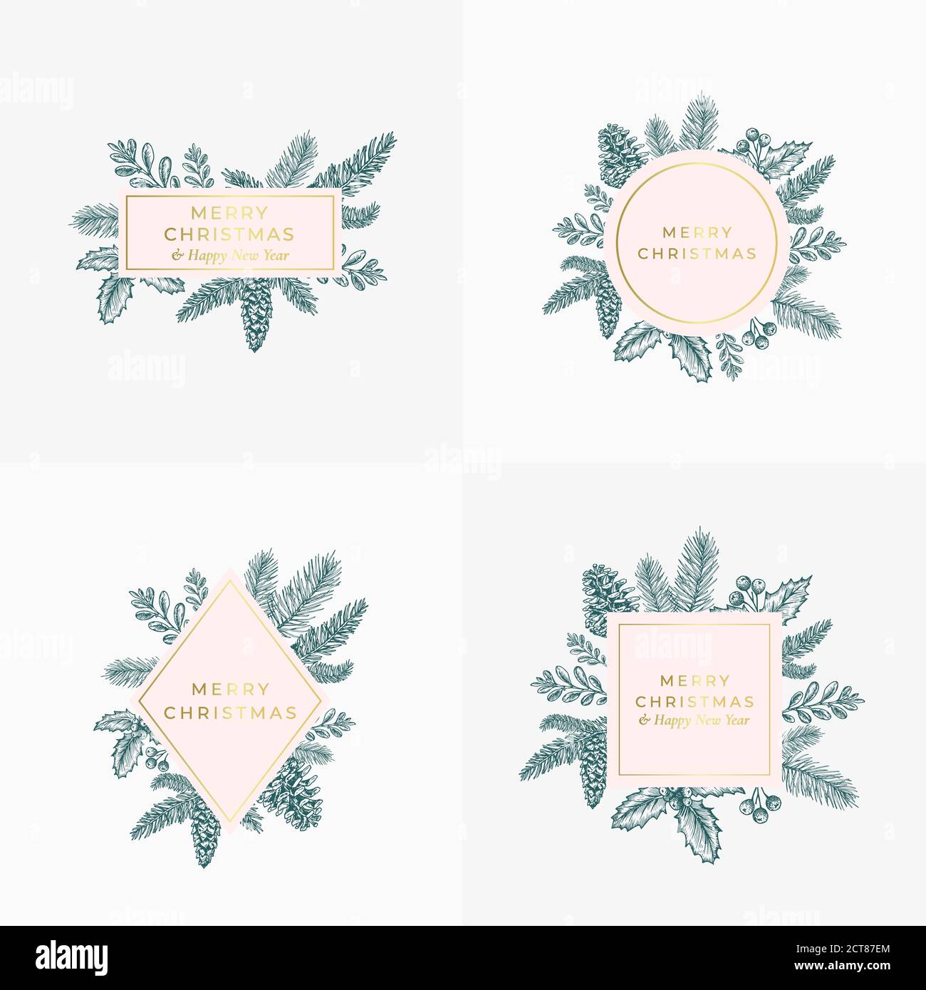 Ensemble de cartes de Noël, de panneaux ou de modèles de logo. Illustrations de Noël dessinées à la main avec bordures et typographie élégante. Bon pour des salutations Illustration de Vecteur