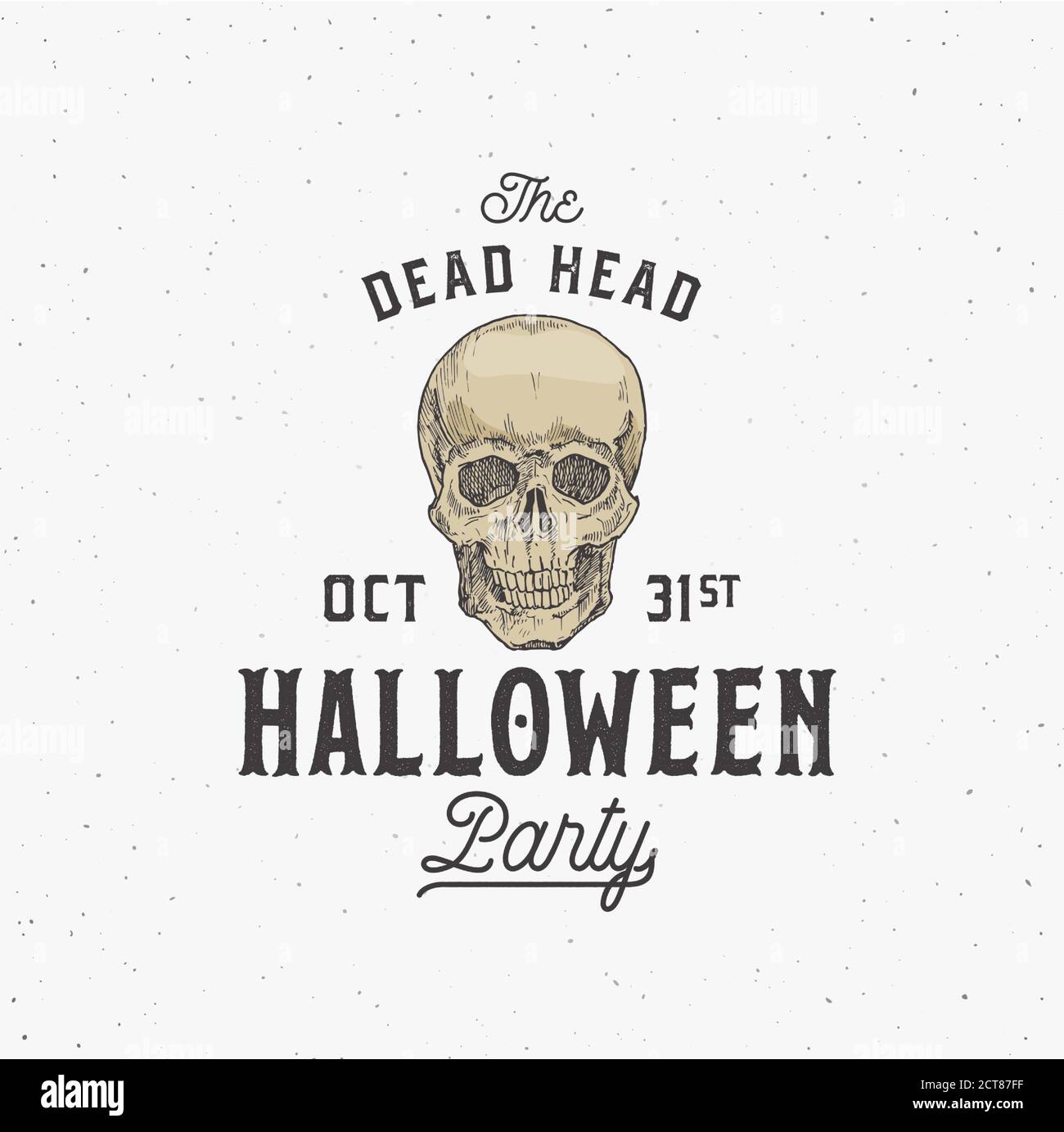 Modèle d'étiquette ou de logo d'Halloween style rétro Dead Head Party. Symbole d'esquisse de sculpture dessiné à la main et Typographie rétro. Arrière-plan de texture de la shabby. Illustration de Vecteur