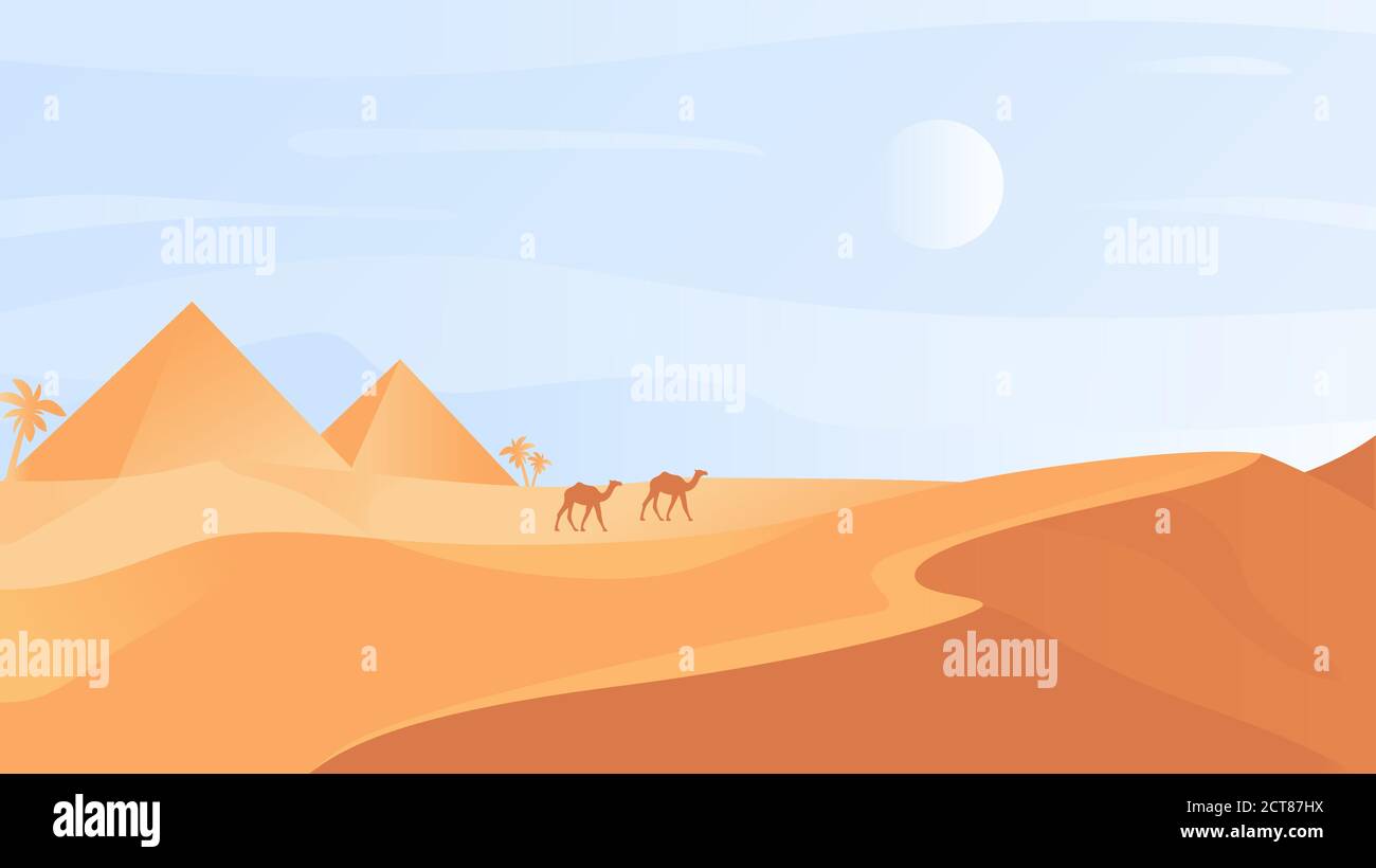 Illustration du paysage de la nature du désert égyptien. Cartoon plat désert pittoresque sauvages terres naturelles avec dunes de sable et caravane de chameaux, montagnes rochers grès paysage sauvage en arrière-plan de l'Égypte Illustration de Vecteur