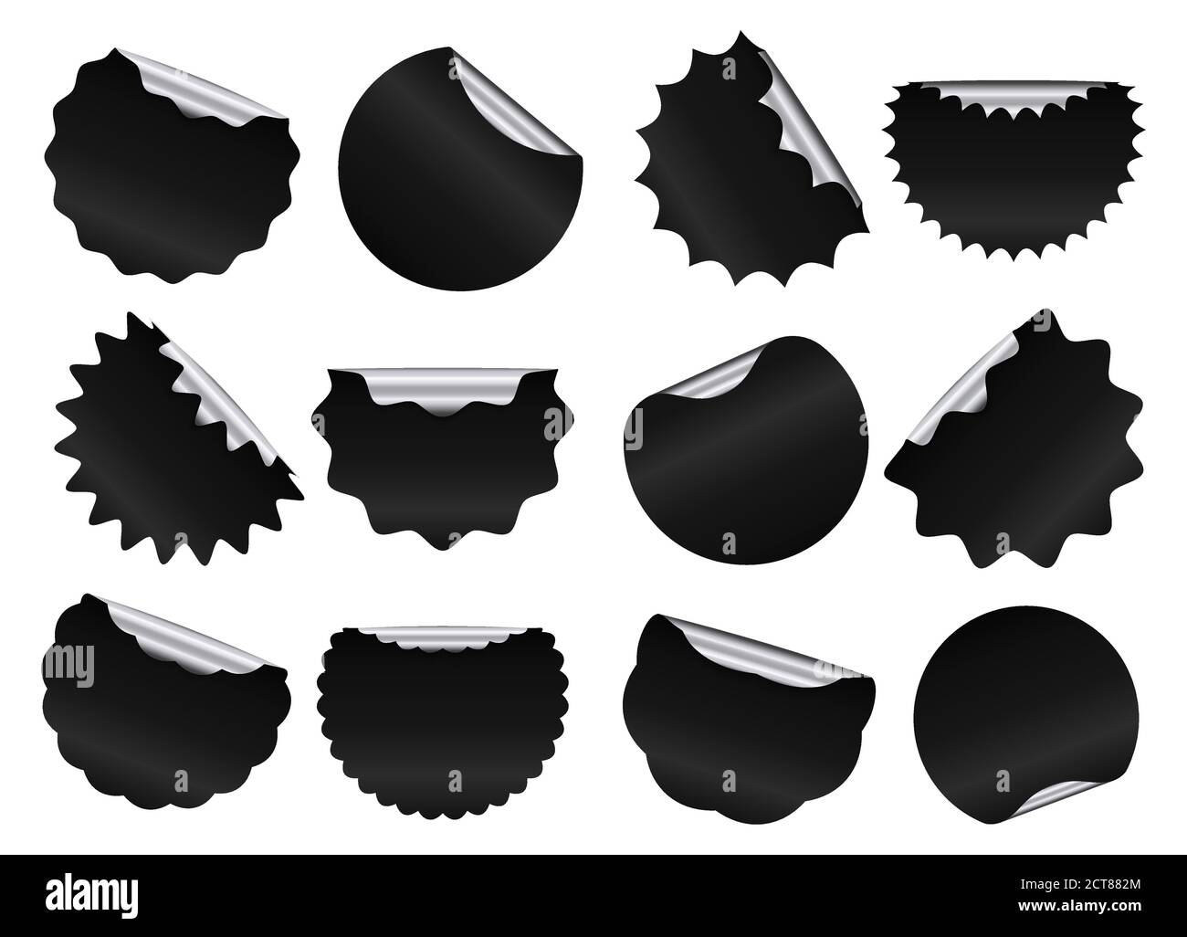 Autocollants solde étoiles noirs avec papier d'aluminium argenté au verso. Étiquettes promotionnelles en papier de forme différente, retirées, avec bordures dentelées. Publicité badg Illustration de Vecteur