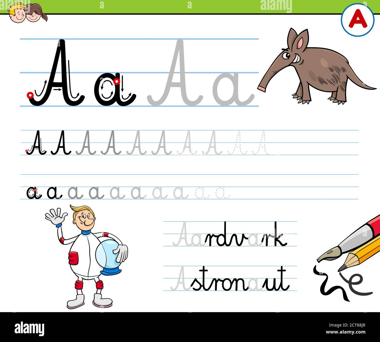 Dessin animé Illustration de la feuille de travail pratique sur les compétences en écriture avec la lettre A. Pour les enfants d'âge préscolaire et primaire Illustration de Vecteur