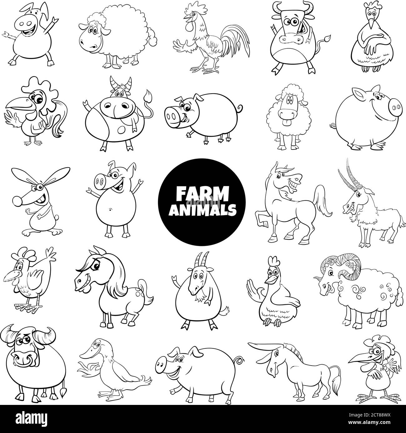 Dessin-modèle noir et blanc Illustration des personnages d'animaux de ferme comiques Grand ensemble Illustration de Vecteur