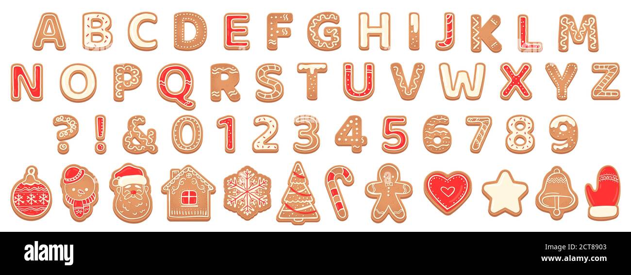 Alphabet pain d'épice. biscuits de noël et lettres biscuit pour Noël message de vacances. Pâtisserie pain d'épice anglais police childish Vector ensemble abc christma Illustration de Vecteur