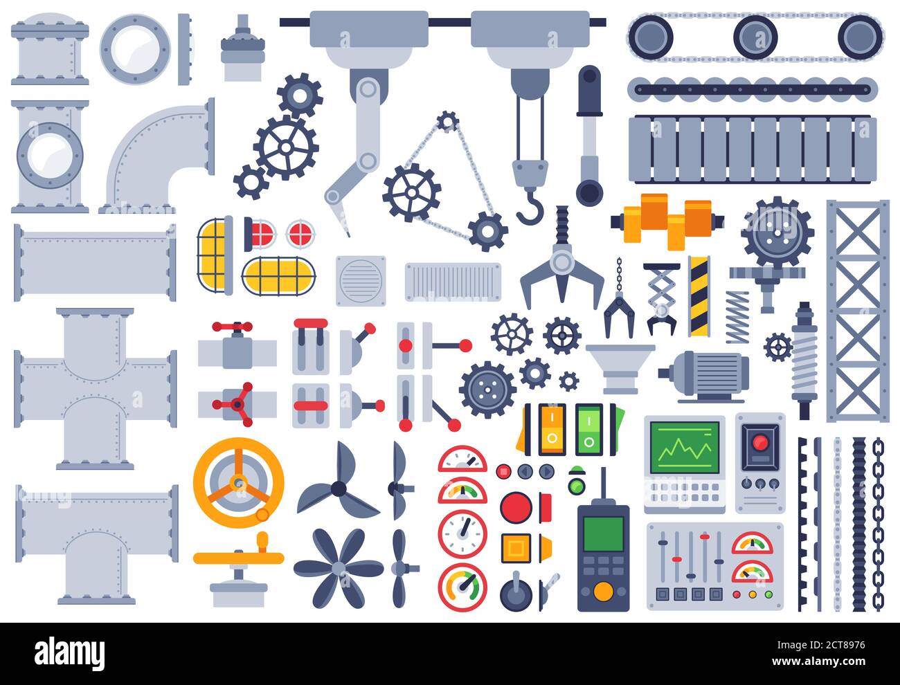 Machines plates. Construction automatique différents mécanismes, engrenages techniques, pignon, arbre, joints, équipement usine machine pièces vecteur jeu. Rapport d'éclairage Illustration de Vecteur
