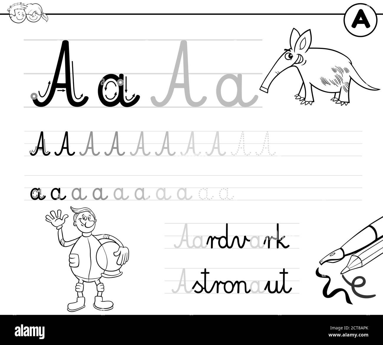 Dessin-modèle noir et blanc Illustration de la feuille de travail pratique sur les compétences en écriture Avec la lettre A pour la coloration des enfants d'âge préscolaire et élémentaire Livre Illustration de Vecteur