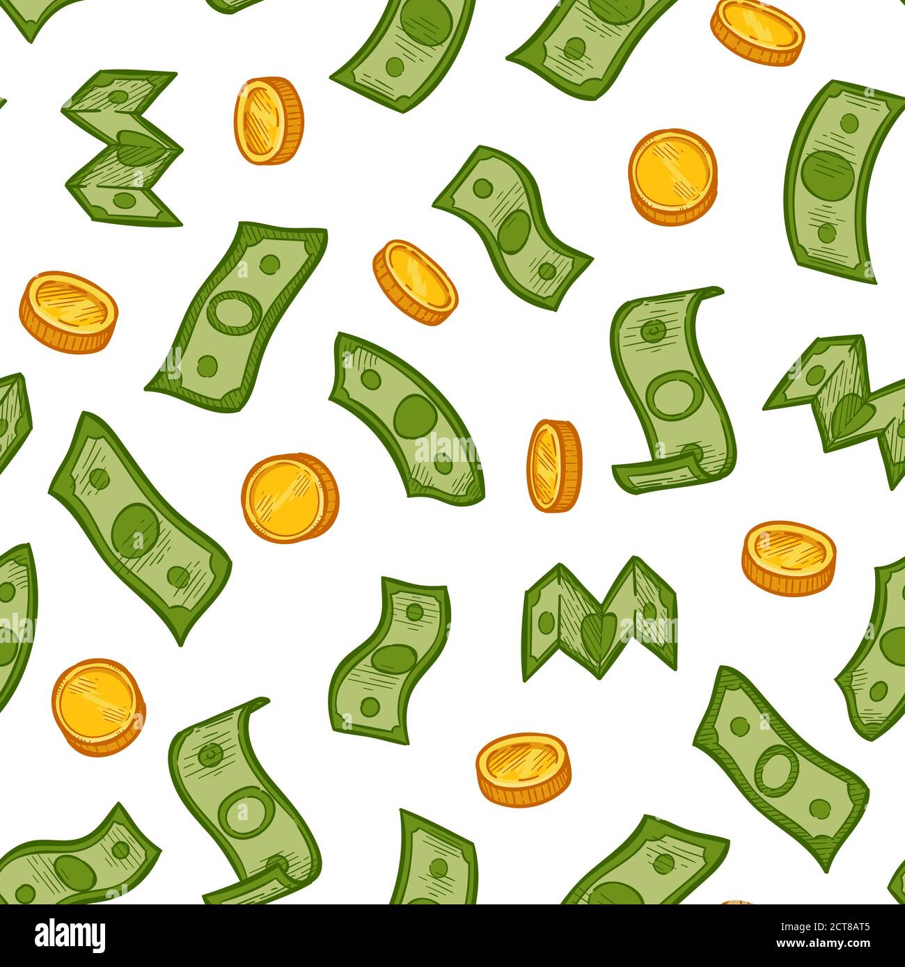Motif de pluie d'argent. Les billets en dollars verts et les pièces en or sont en baisse. Crise financière, récession business texture vectorielle transparente. Financement de l'argent ca Illustration de Vecteur