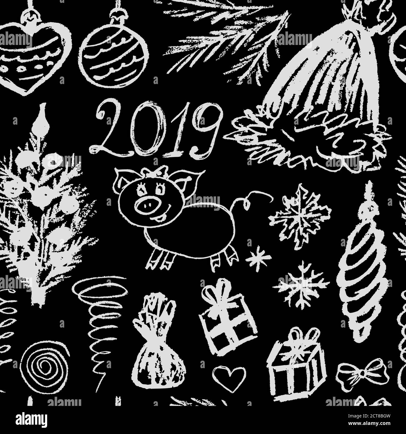 Nouvelle année 2019. Motif sans coutures pour le nouvel an. Dessins d'enfants craie blanche. Flocons de neige, cadeaux, sapin de Noël, jouets de Noël, bonbons, chapeau de Noël, Illustration de Vecteur