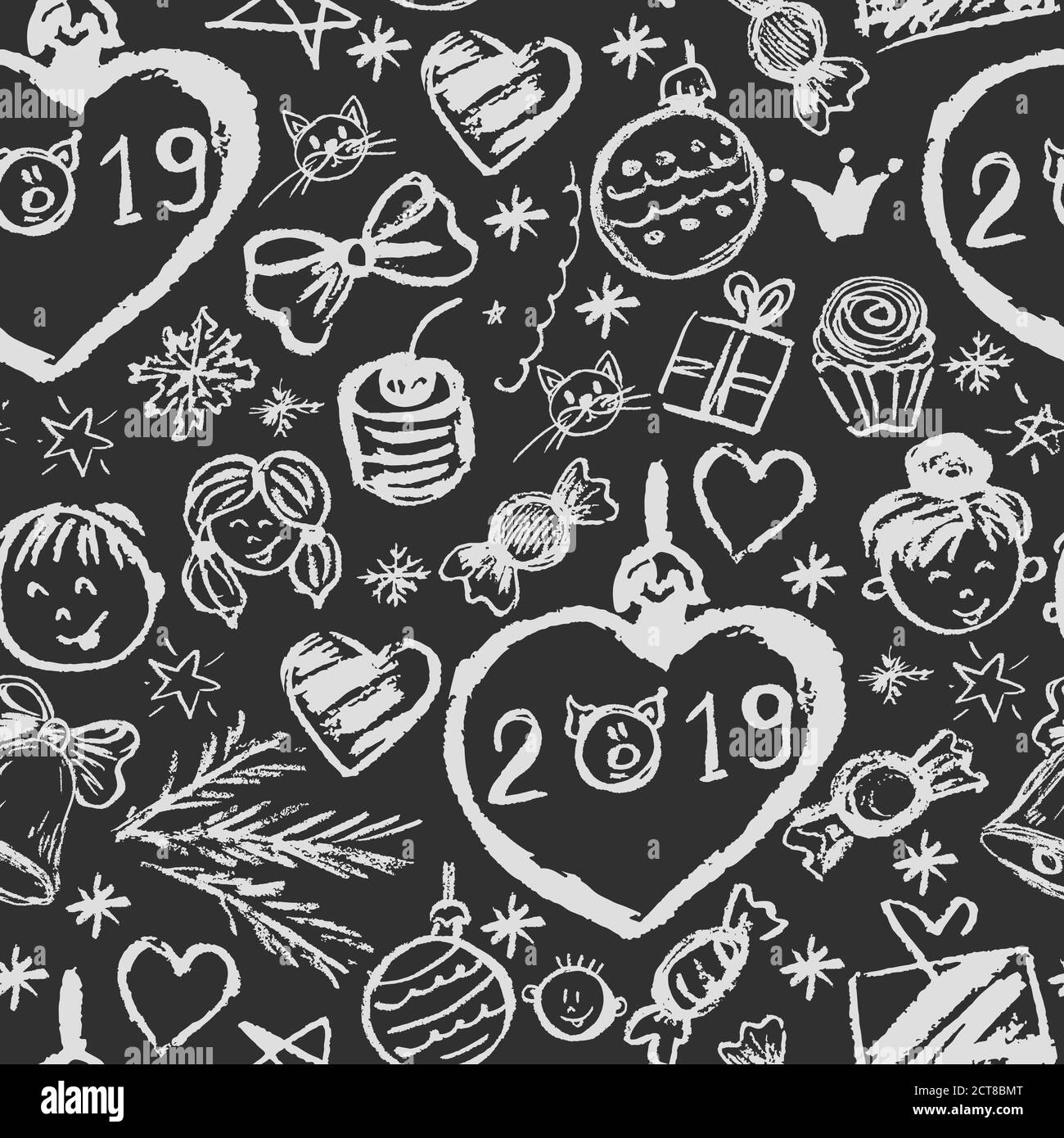 Nouvelle année 2019. Motif sans coutures pour le nouvel an. Dessins d'enfants craie blanche. Arbre de Noël, arbre de Noël, bonbons, cadeaux, enfants, 2019 Illustration de Vecteur
