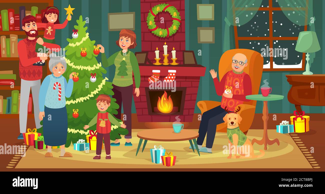 Bonne famille décorant arbre de noël. Scénario joyeux Noël avec foyer, décoration pour célébrer l'illustration de vacances Illustration de Vecteur