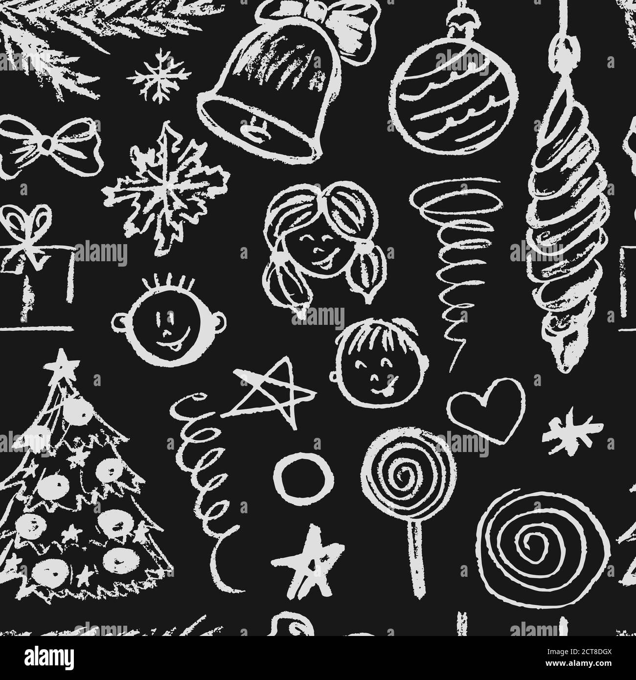 Nouvelle année 2019. Motif sans coutures pour le nouvel an. Dessins d'enfants craie blanche. Flocons de neige, cadeaux, bonbons, arc, arbre de Noël, jouets à fourrure Illustration de Vecteur