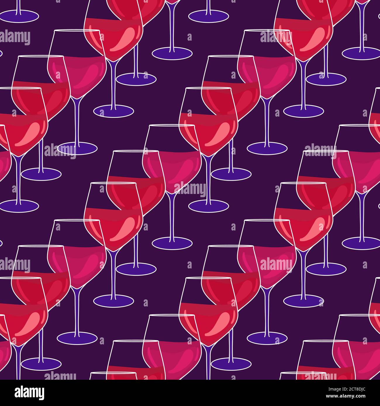 Motif Wineglass sans couture. De nombreux verres de vin rouge. Surface lumineuse pour une discothèque ou une fête. Illustration vectorielle dessinée à la main dans l'obscurité Illustration de Vecteur