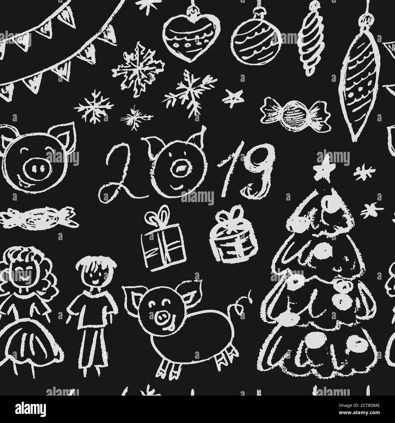 Nouvelle année 2019. Motif sans coutures pour le nouvel an. Dessins d'enfants craie blanche. Arbre de Noël, jouets en fourrure, bonbons, cadeaux, enfants, 2019 ans, cochon Illustration de Vecteur
