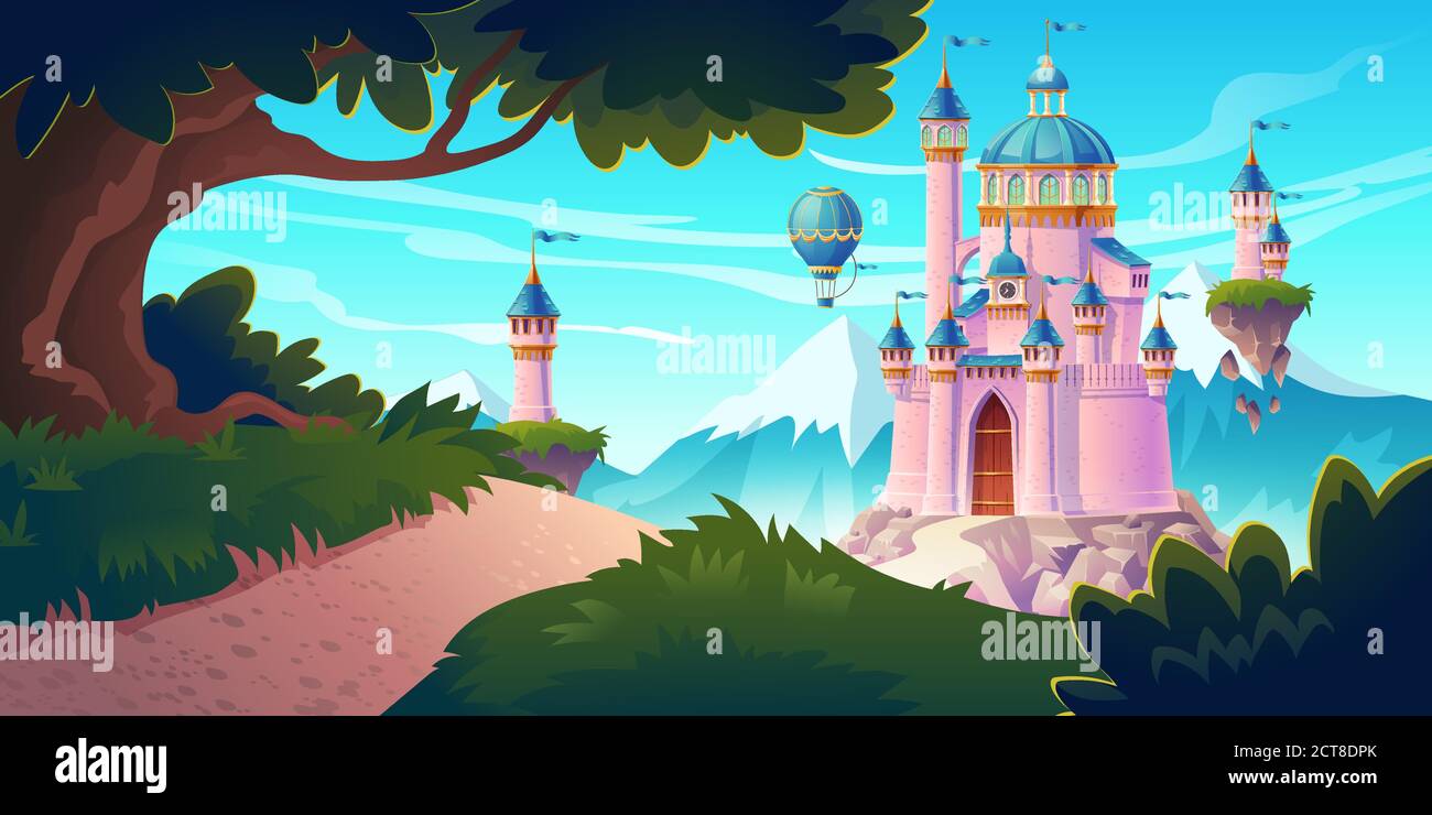 Le Chateau Magique Rose La Princesse Ou Le Palais De La Fee Dans Les Montagnes Avec La Route Rocheuse Menent Aux Portes Avec Des Tourelles Volantes Et Des Ballons D Air Dans Le