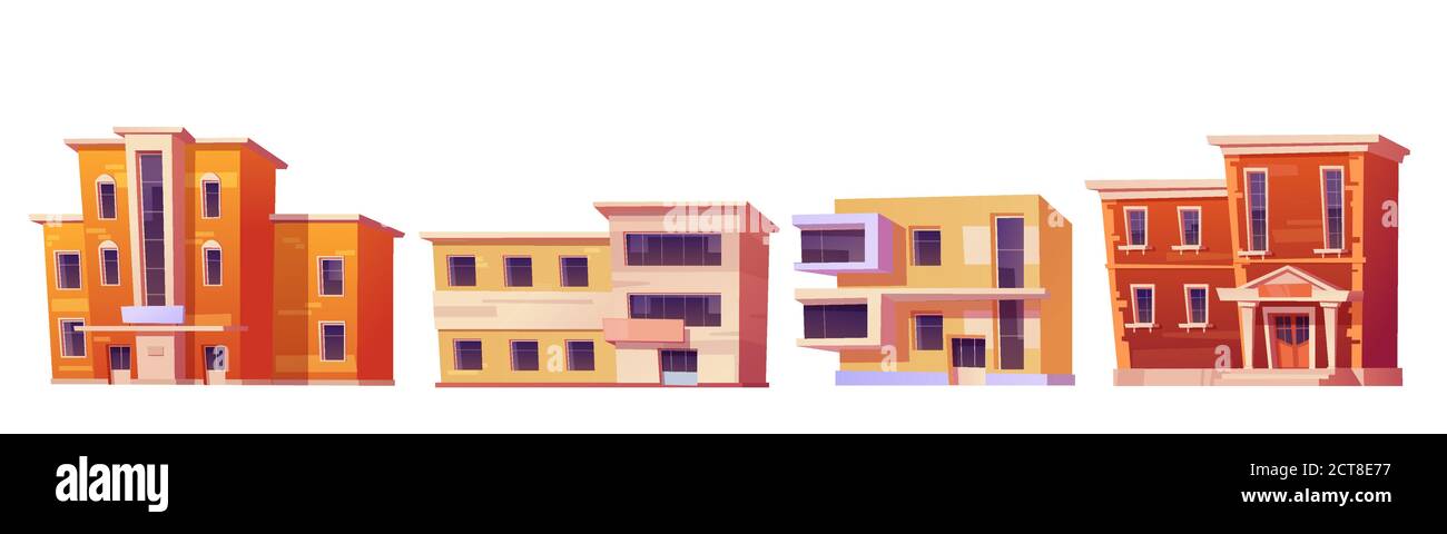 Maisons de ville, bâtiments pour appartements, bureau ou magasin isolé sur fond blanc. Ensemble de dessins animés vectoriels de façade de maison résidentielle, d'affaires et d'architecture commerciale dans un style moderne et classique Illustration de Vecteur