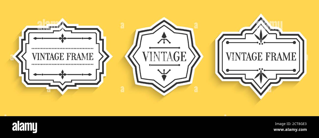 Rétro vintage blanc étiquettes papier coupé avec ombre. Modèle d'emballage pour la bannière textuelle, l'autocollant. Forme différente bordure vide étiquette menu prix de vente avec éléments décoratifs illustration vectorielle isolée Illustration de Vecteur