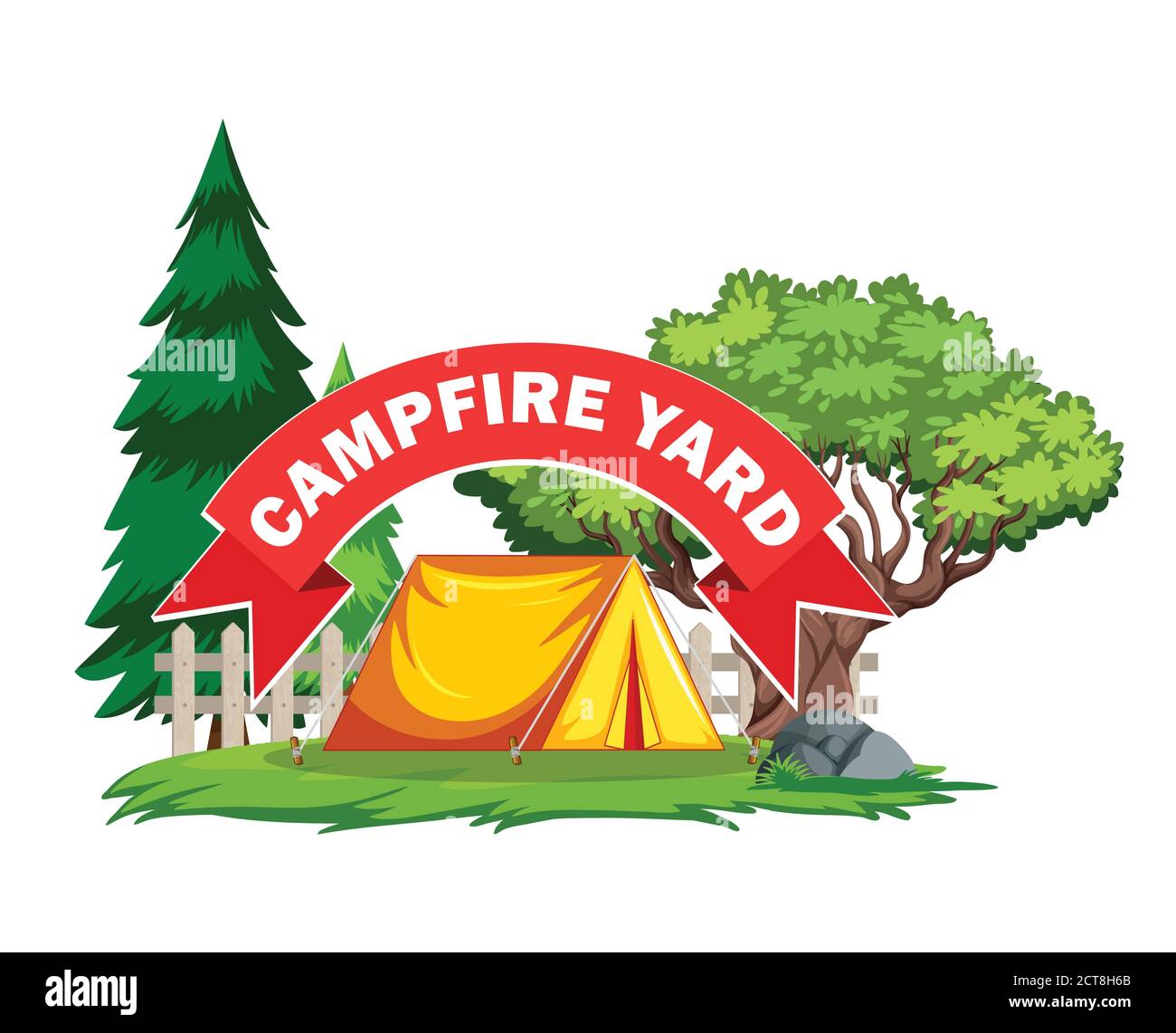 Une illustration vectorielle de la cour avec feu de camp tend avec l'arbre et le pin à l'extérieur de la clôture Illustration de Vecteur