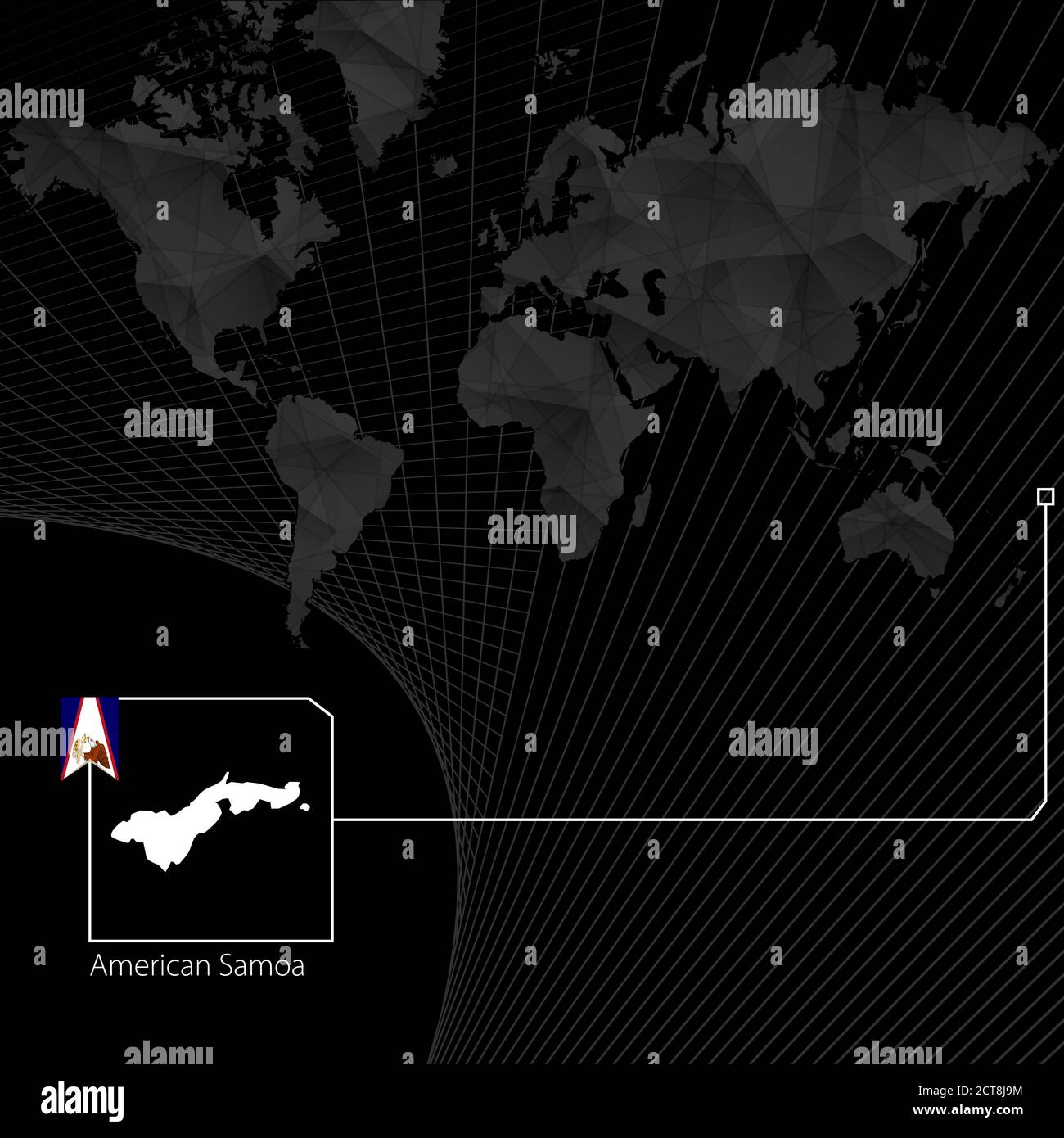 Samoa américaines sur la carte noire du monde. Carte et drapeau des Samoa américaines. Illustration de Vecteur