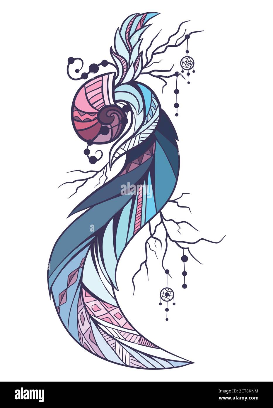 Illustration de couleur d'un élément boho. Doodle illustration de cockleshell avec des plumes et des perles pour croquis de tatouages, impression sur T-shirts, crique Illustration de Vecteur