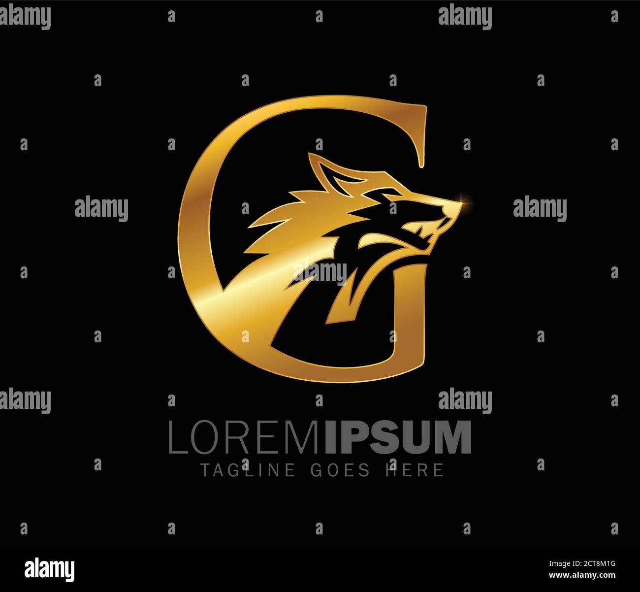 Illustration vectorielle du symbole de loup de couleur dorée pour le monogramme Lettre G avec fond noir Illustration de Vecteur