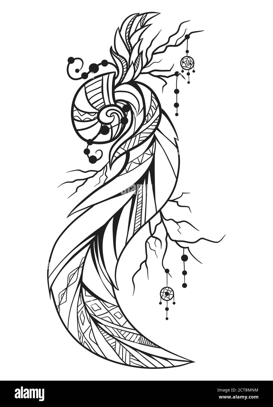 Illustration en noir et blanc d'un élément boho. Illustration Doodle de cockleshell avec des plumes et des perles pour croquis de tatouages, impression sur T-shirt Illustration de Vecteur