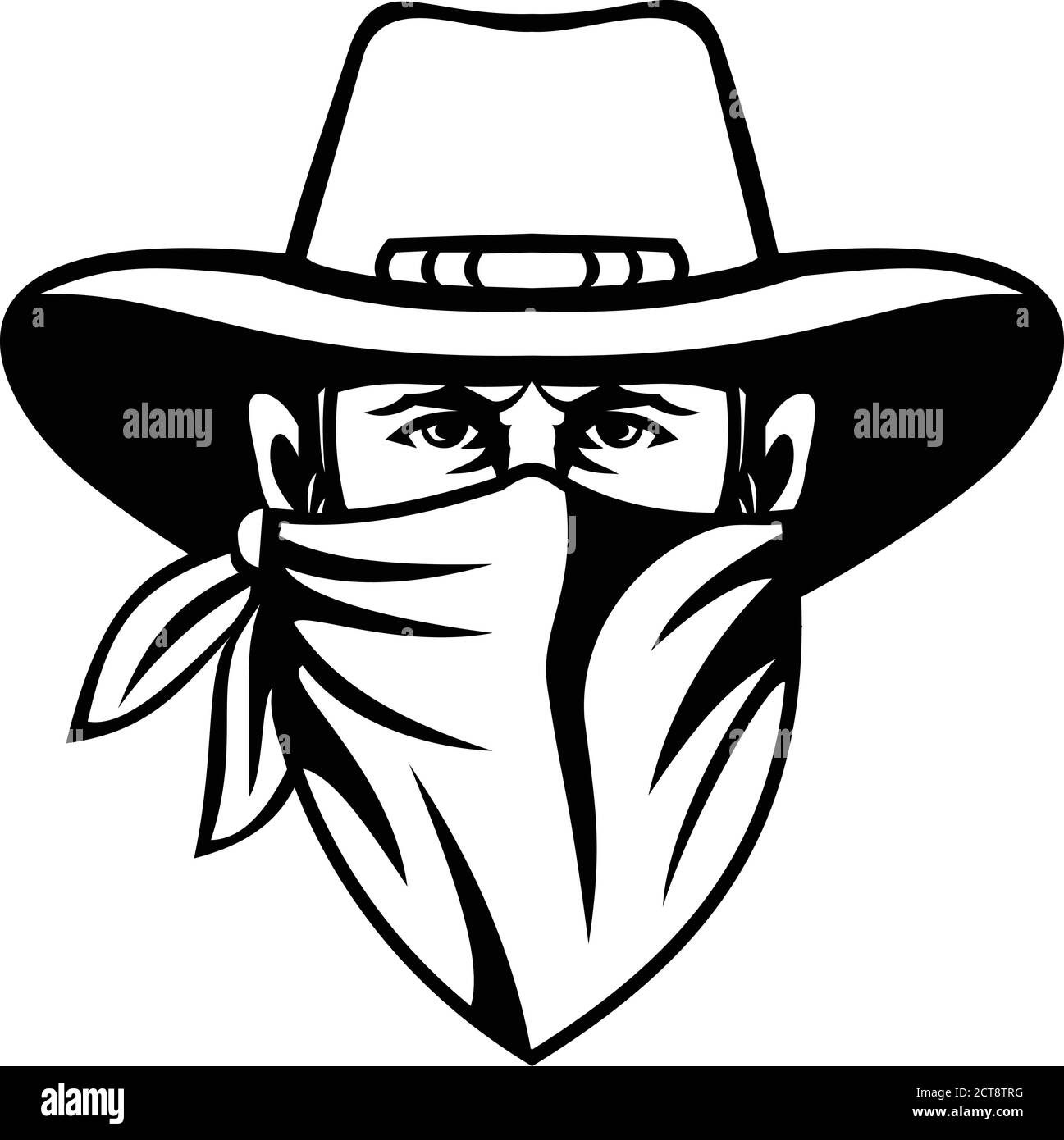 Mascot noir et blanc illustration de la tête d'un cowboy, bandit, hors-la-loi, maverick, highwayman ou voleur de banque portant masque ou bandana vu de Illustration de Vecteur