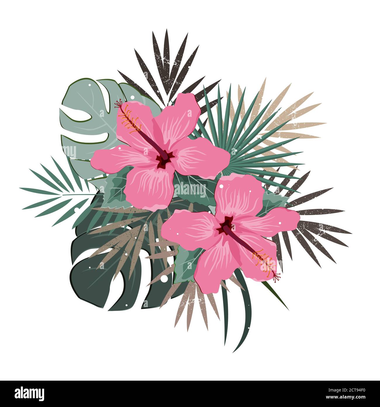 Composition de bouquet avec fleur d'hibiscus rose et feuilles de palmier, illustration vectorielle plate. Plantes exotiques tropicales d'Hawaï isolées sur blanc, pastel Illustration de Vecteur