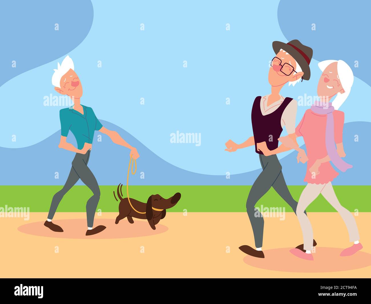 vieux couple marchant et le vieil homme marche avec un motif chien dans le parc Illustration de Vecteur