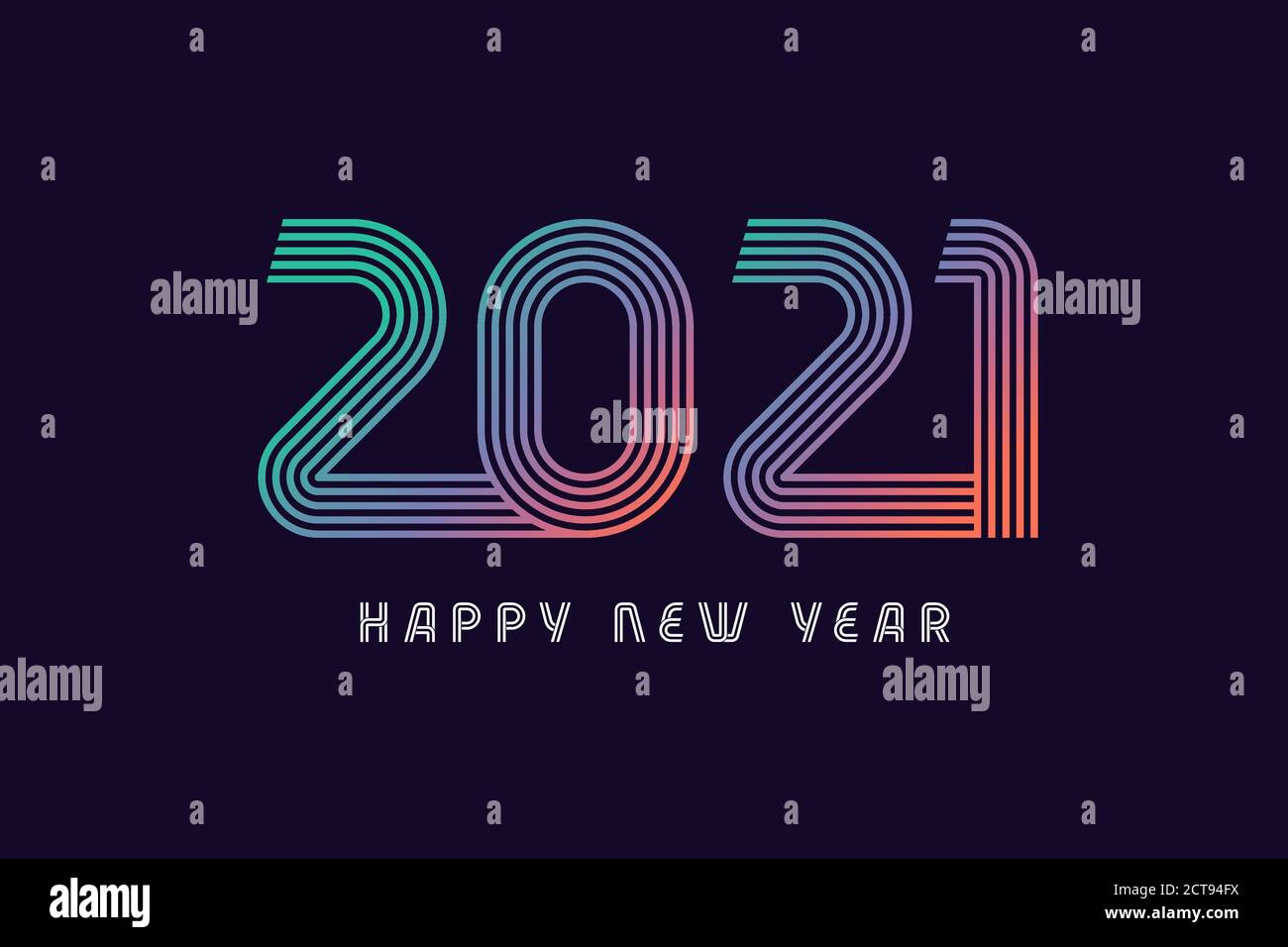 Happy New Year 2021 lignes colorées multicolores brillant sur fond bleu foncé. Concept de signe de nombres numériques vectoriels réalistes sur violet, vacances Illustration de Vecteur