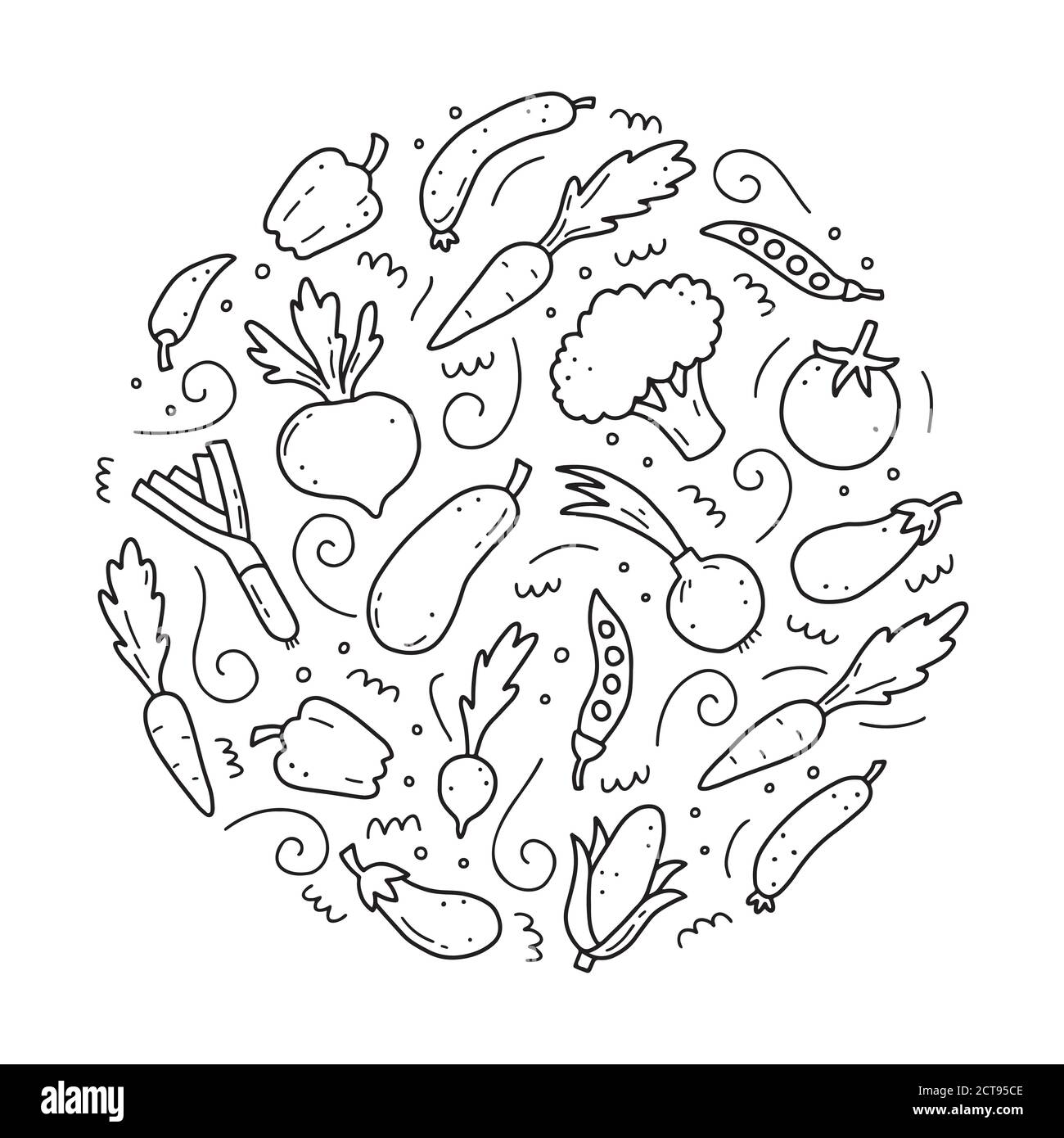 Ensemble de légumes, carottes, salade, tomates, oignons, laitue, Chili. Style d'esquisse de la bande dessinée. Élément légumes dessiné par un stylo à brosse numérique. Illustration vectorielle pour l'icône, le menu, le cadre Illustration de Vecteur