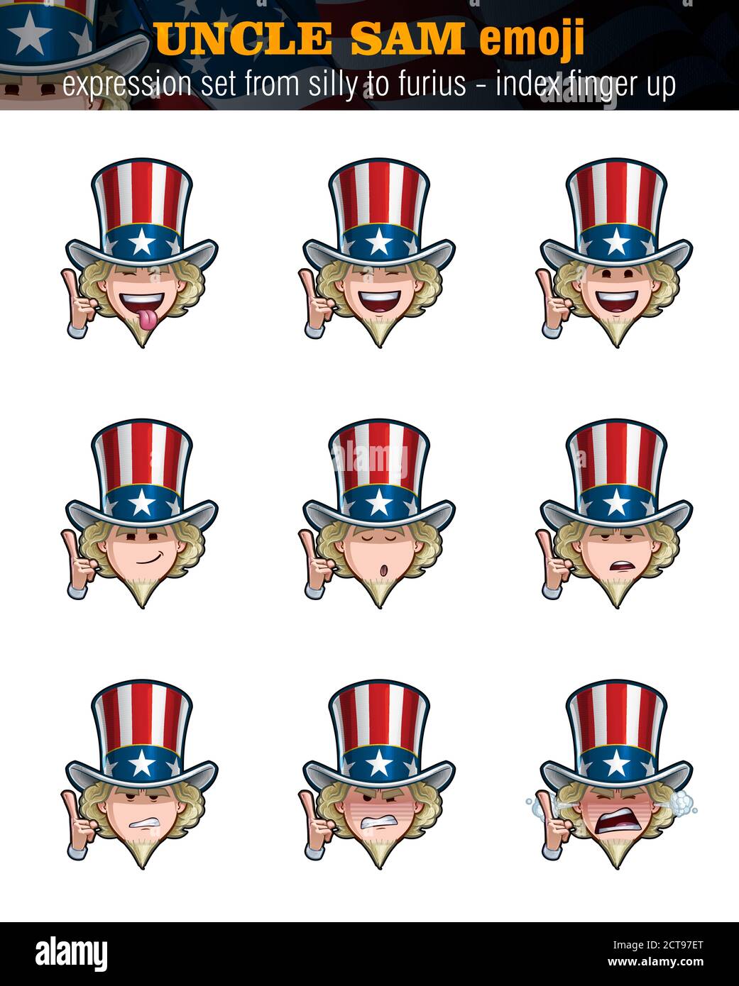 Illustrations vectorielles ensemble de dessins animés oncle Sam Emoji pointant vers le haut. Neuf expressions, stupide, riant, heureux, souriant, prêchant, serous, non amusé, en colère n Illustration de Vecteur