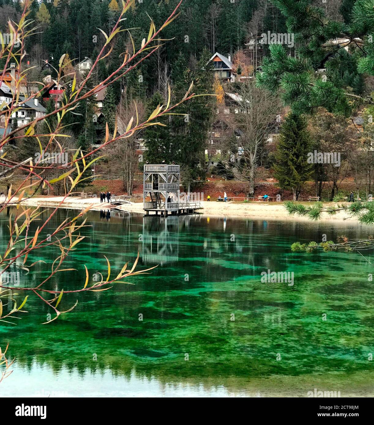 Lac alpin vert Jasna à Kranjska Gora, Slovénie. Détendez-vous au bord du lac. Paysage idyllique d'un lac slovène pittoresque avec de l'eau turquoise cristalline. Banque D'Images