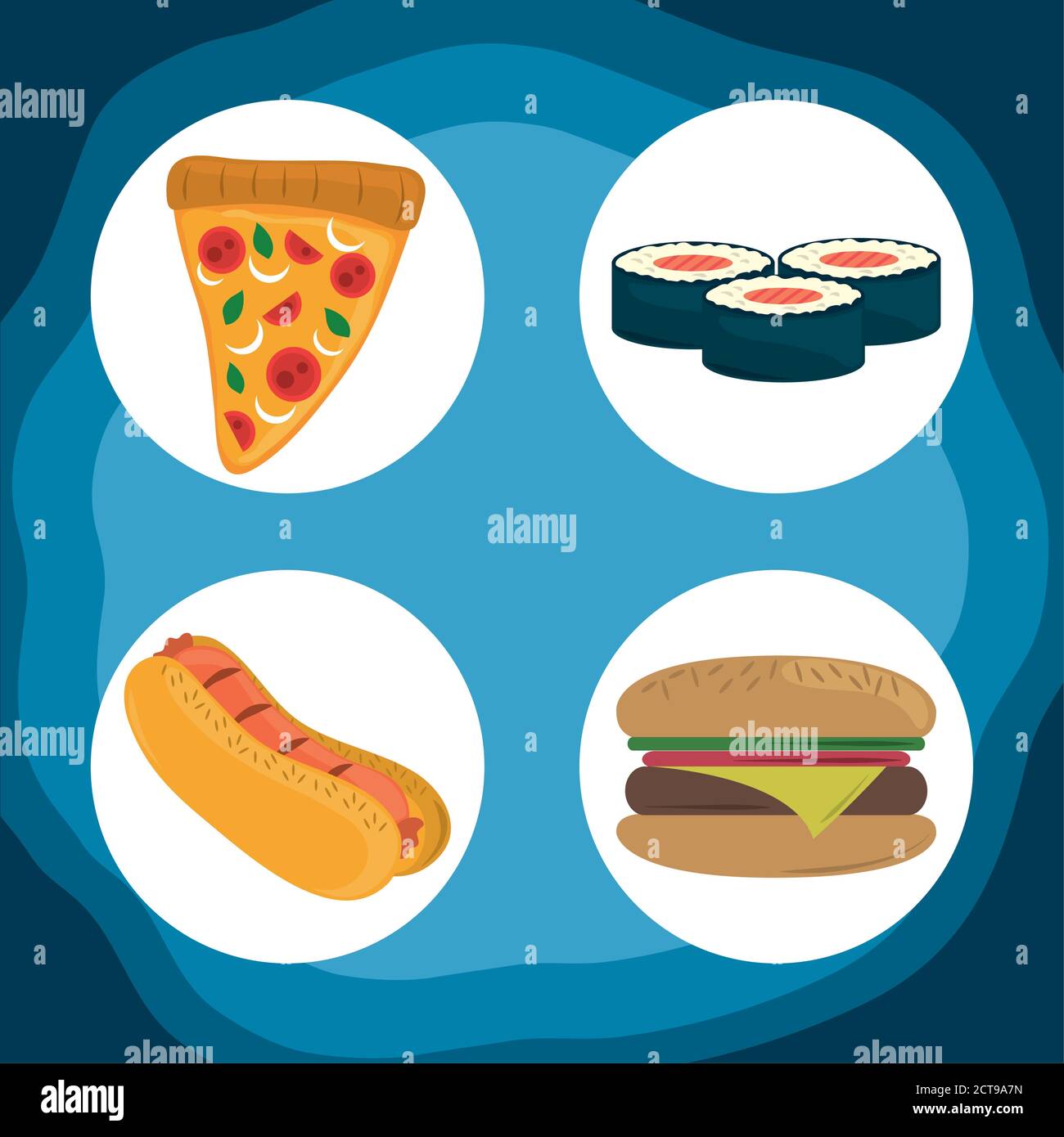 journée mondiale de la nourriture, style de vie sain hot dog burger sushi et icônes de pizza illustration vectorielle Illustration de Vecteur