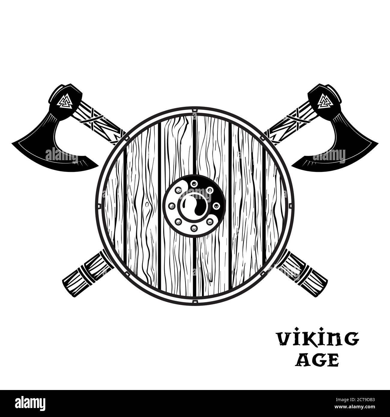 Deux haches de combat viking croisées et un bouclier viking Illustration de Vecteur