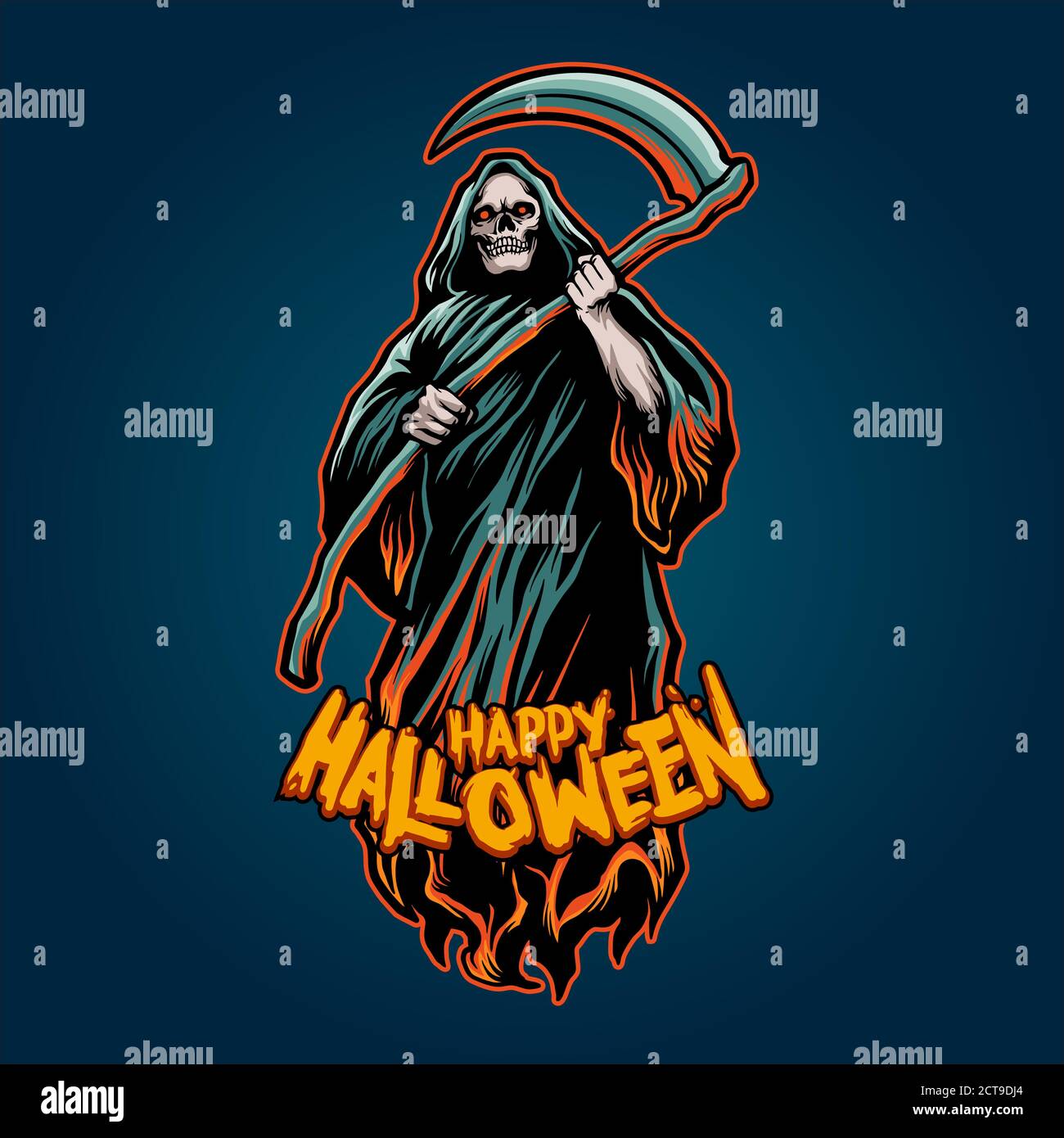 Crâne Grim reaper Halloween Pumpkins illustrations pour marchandises horreur concept vêtements et autocollants Banque D'Images