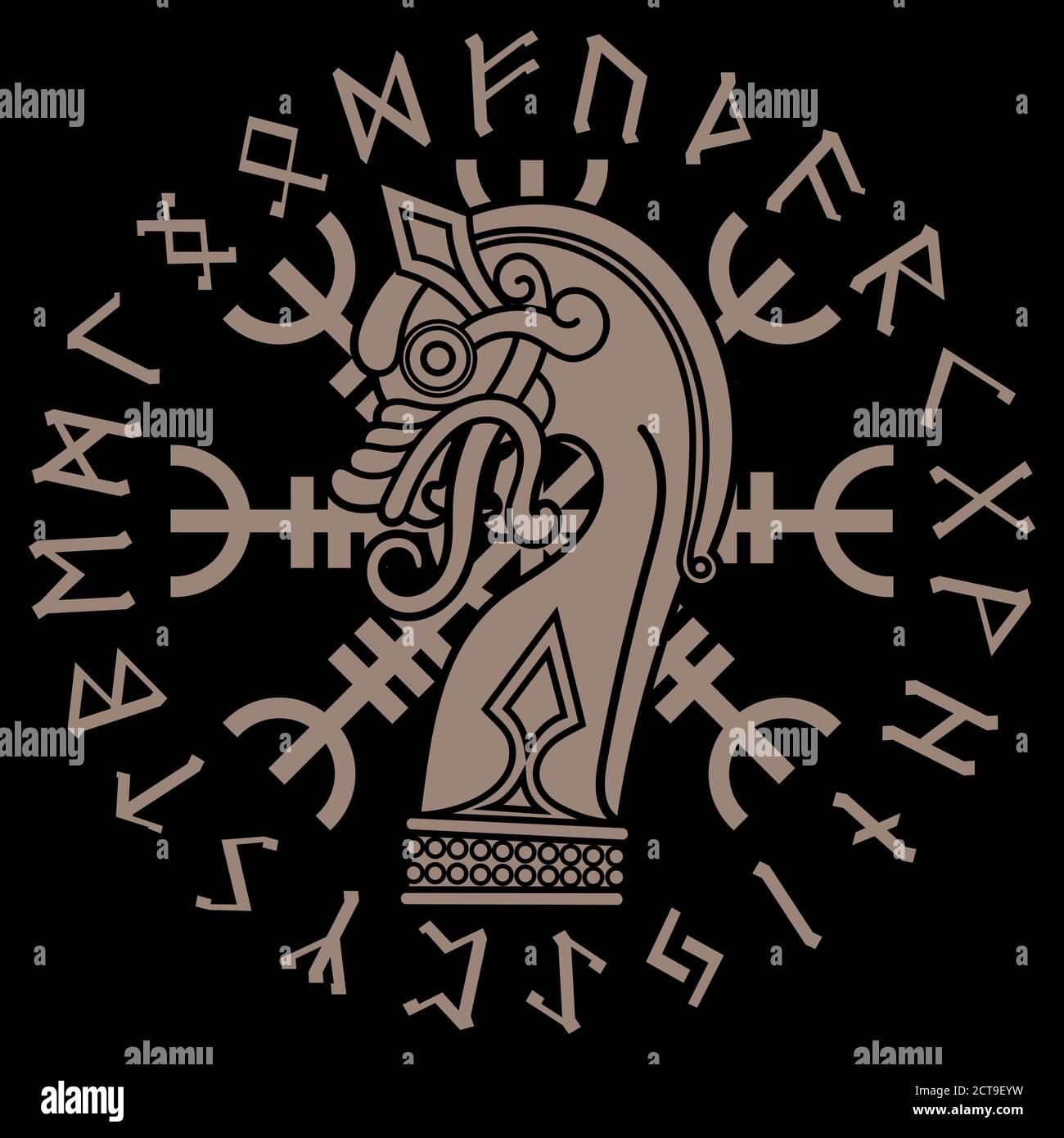 Design scandinave. La figure nasale du bateau viking Drakkar sous la forme d'un dragon, d'un Helm of Awe et d'un cercle rutique Illustration de Vecteur