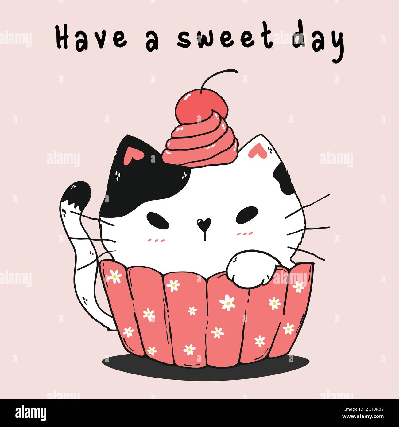 mignon chat blanc gras en muffin rose avec motif de marguerite, crème à la crème et cerise sur la tête, idée pour carte de voeux, imprimable, art mural, pépinière, enfant Illustration de Vecteur