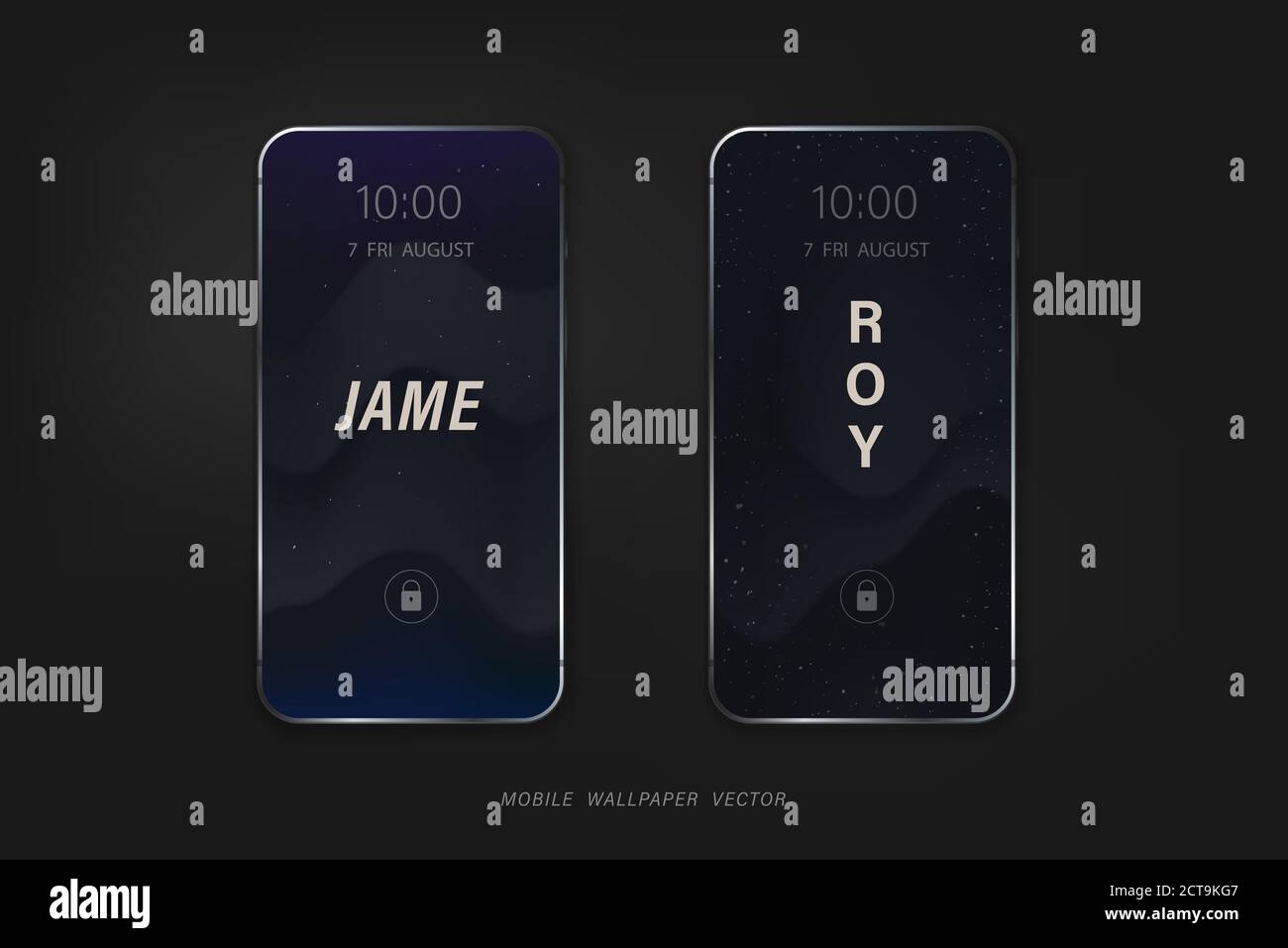 Ensemble de vecteurs de fond d'écran de téléphone mobile dans un univers bleu foncé thème avec noms de personnes Illustration de Vecteur