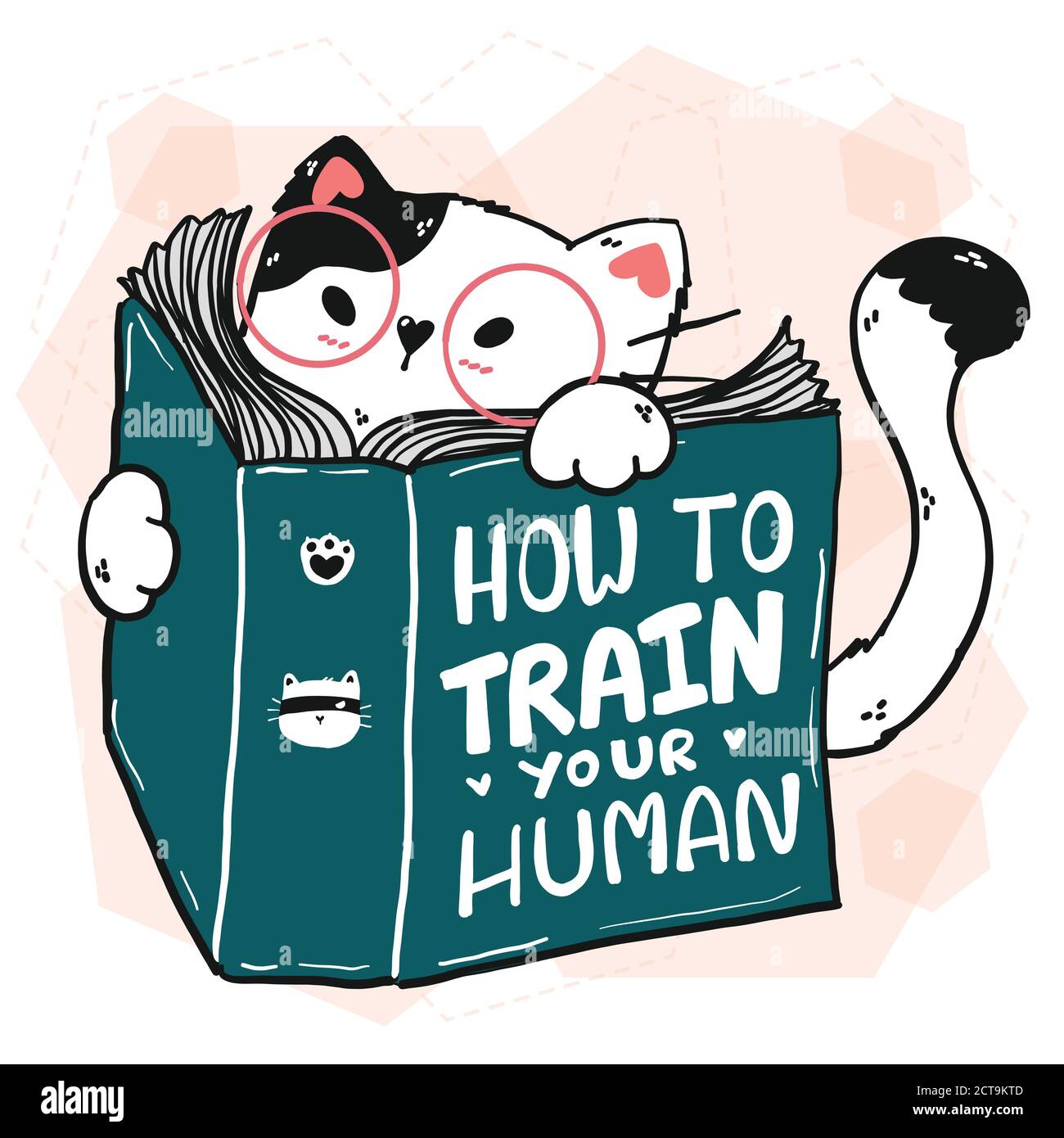 mignon chat lire livre, comment former votre humain, idée pour l'autocollant, planificateur, scrapbooking, carte de voeux, imprimable Illustration de Vecteur