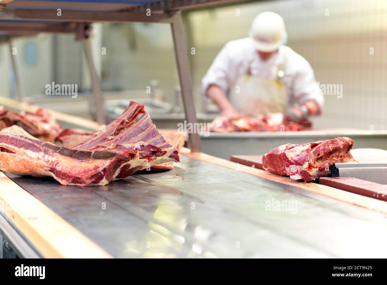 Ouvrier dans une usine préparer la viande Banque D'Images
