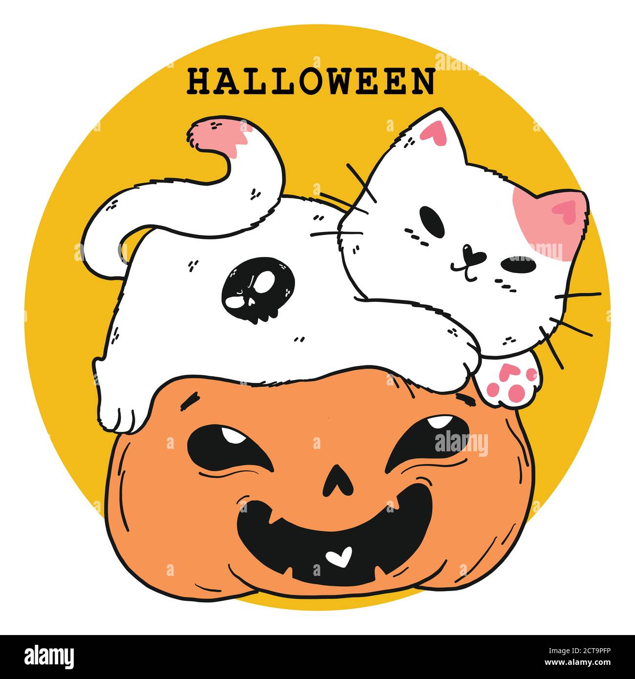 Couper le fichier mignon blanc graisse chat jouer sur le sourire aveux orange citrouille Halloween , idée pour autocollant, cirque, sublimation, imprimable, carte de voeux Illustration de Vecteur