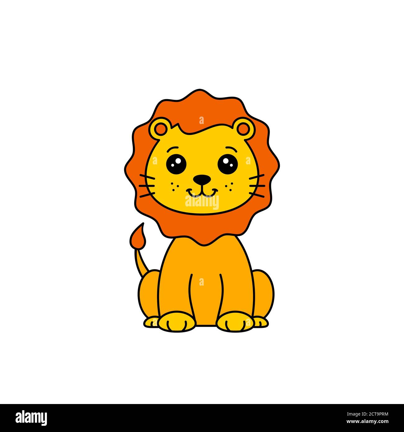 Joli petit lion style kawaii. Personnage de dessin animé. Carte de douche de bébé. Drôle de lion assis et souriant. Isolé sur fond blanc. Animal. Vecteur Illustration de Vecteur