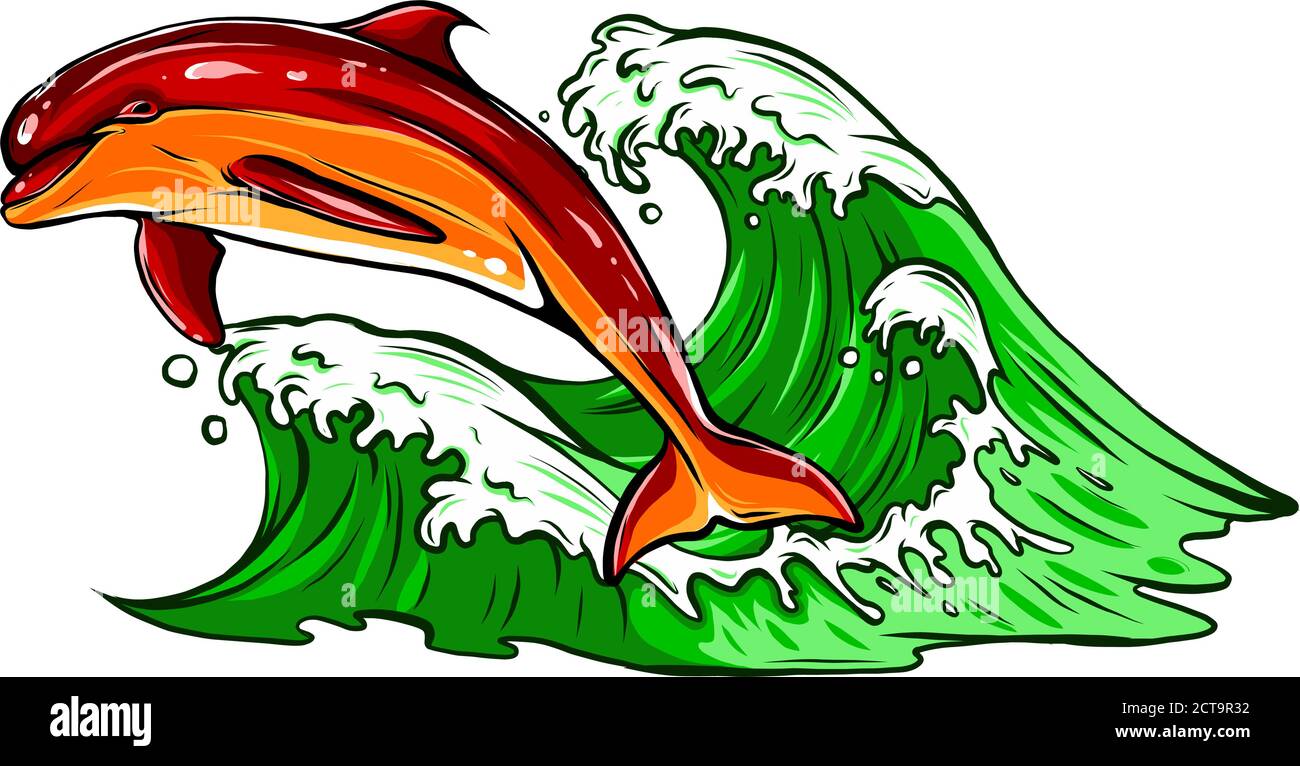 Le dauphin qui saute hors de l'eau de mer sur fond blanc, isolé. Vector illustration. Illustration de Vecteur