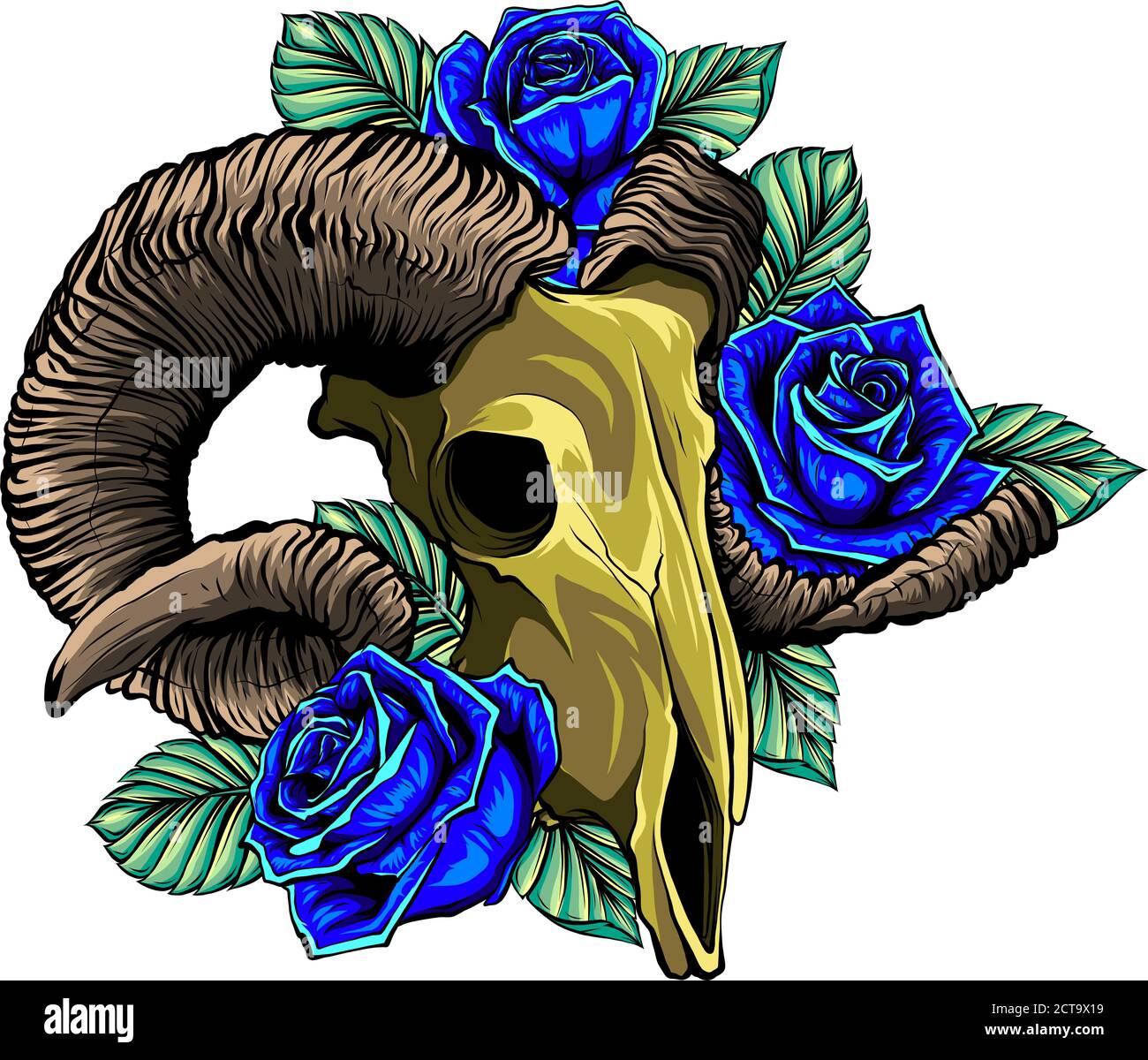 Crâne de chèvre avec de grandes cornes ligne art main isolée illustration vectorielle de stock d'esquisse tatouage dessinée Illustration de Vecteur