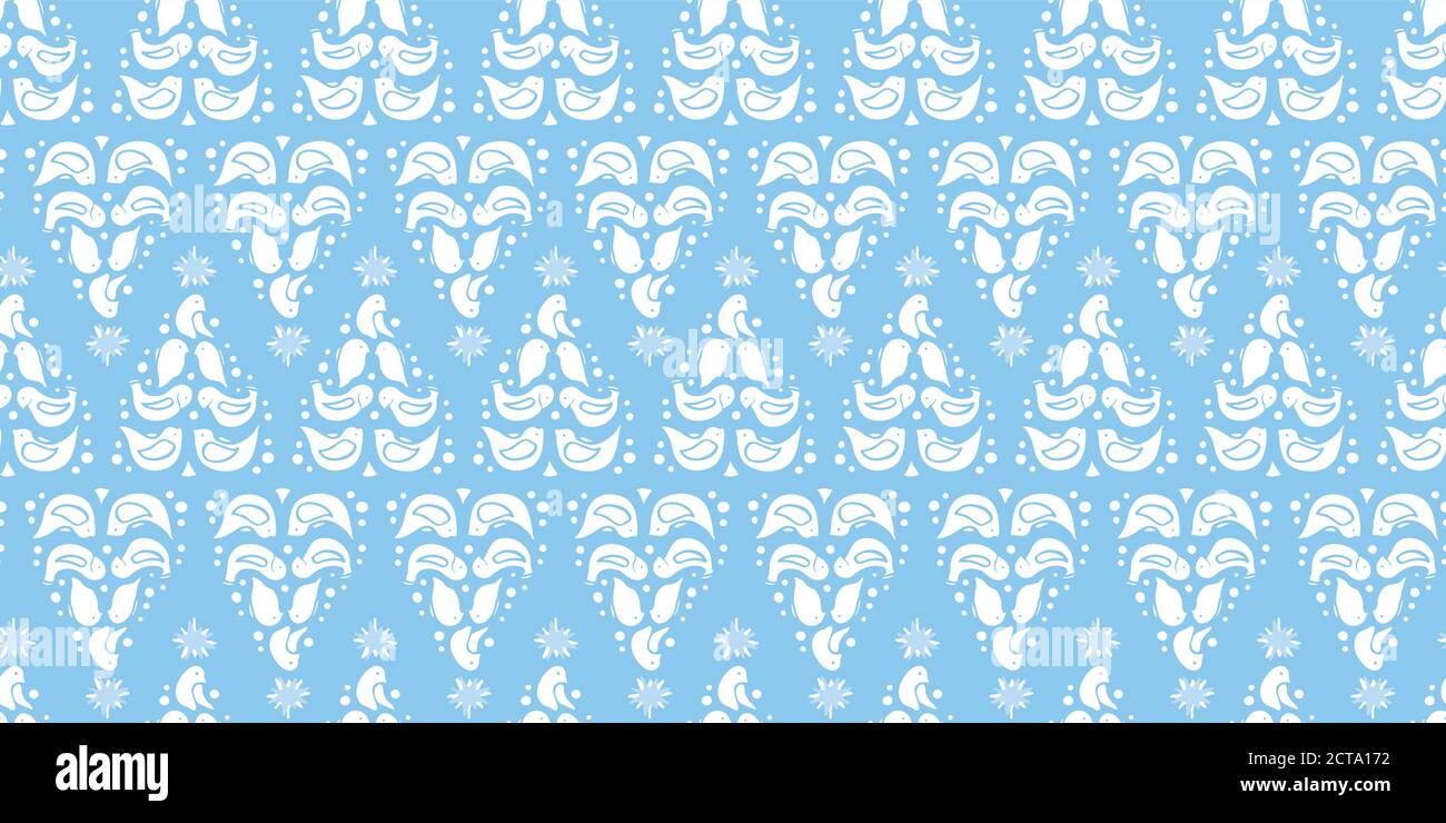 Arbre de noël à motif vectoriel folk art sans coutures. Motif en dentelle, motif oiseau, étoile et flocons de neige dans des tons bleus. Impression sur toute la page. Parfait pour noël et les vacances d'hiver. Illustration de Vecteur