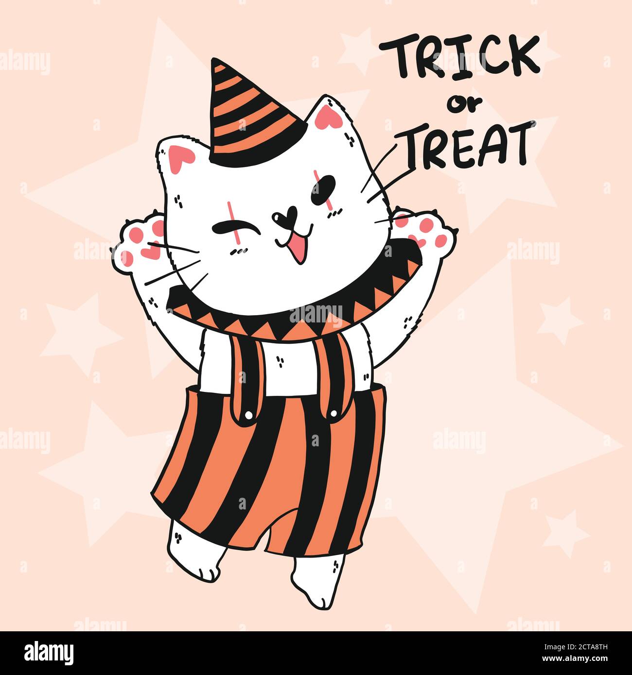 Joli Halloween Doodle contour chat en joker costume, trick ou traiter, idée pour carte de voeux, imprimable, sublimation Illustration de Vecteur