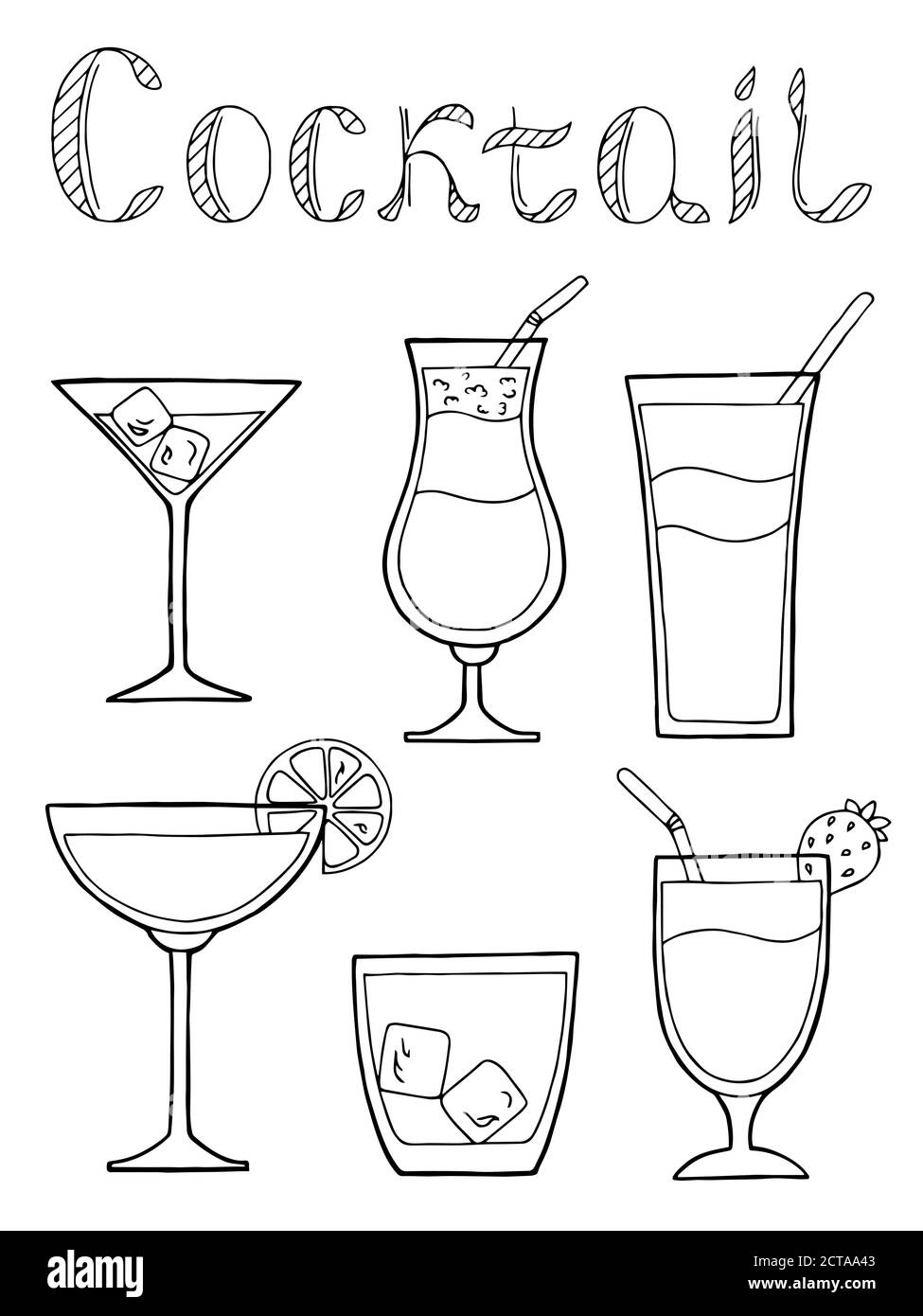 Ensemble de boissons en verre à cocktail texte art graphique noir blanc  isolé vecteur d'illustration Image Vectorielle Stock - Alamy