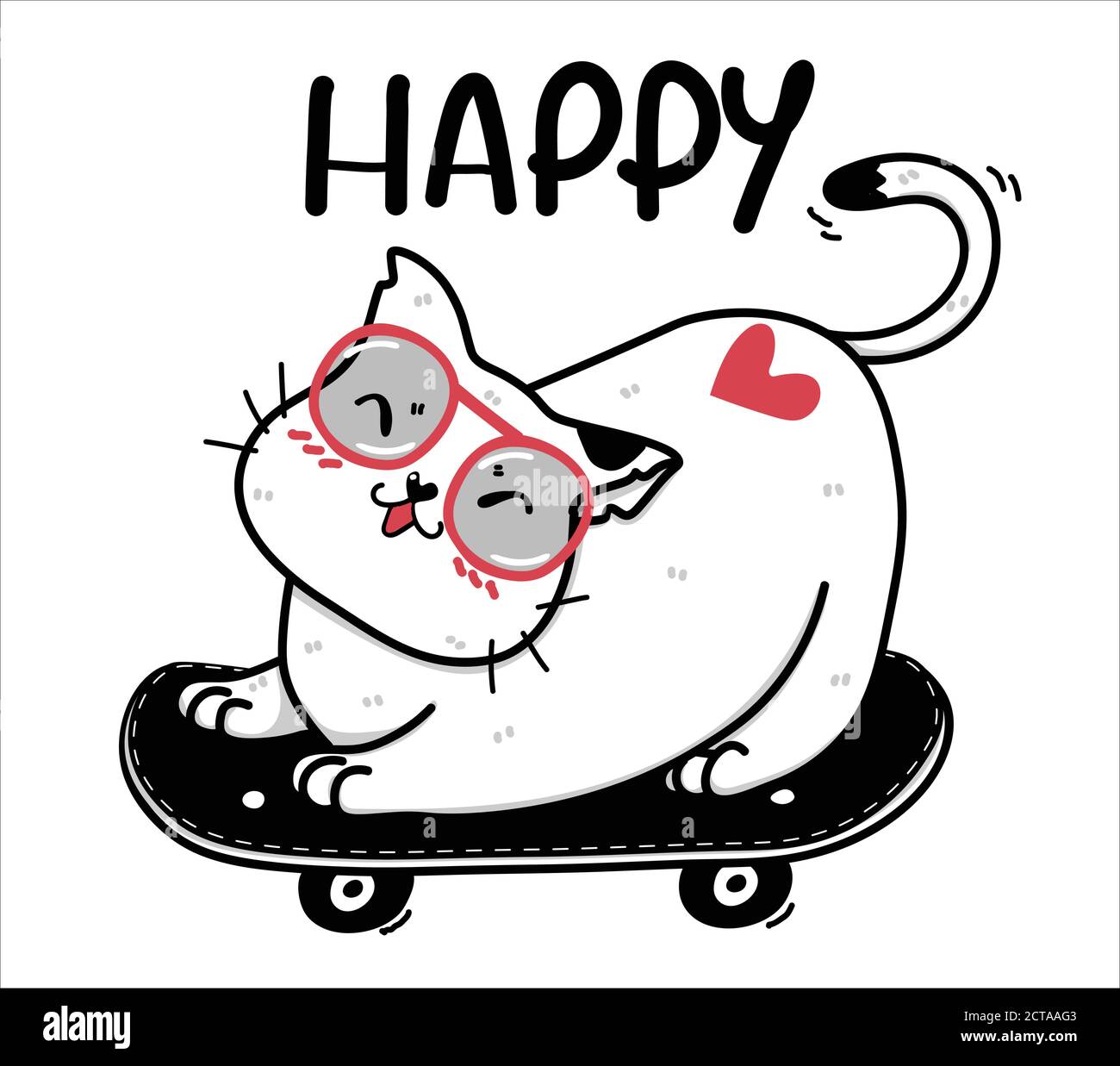 Mignon Happy doodle gras chat blanc sur le skateboard Happy Time idée de sublimation design carte de vœux imprimable Illustration de Vecteur