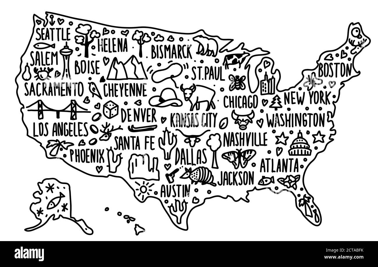 doodle dessin main dessin animé USA carte. Carte fiable et détaillée avec des villes, capitales d'état et villes célèbres. Symboles de chaque état, associations connues Illustration de Vecteur